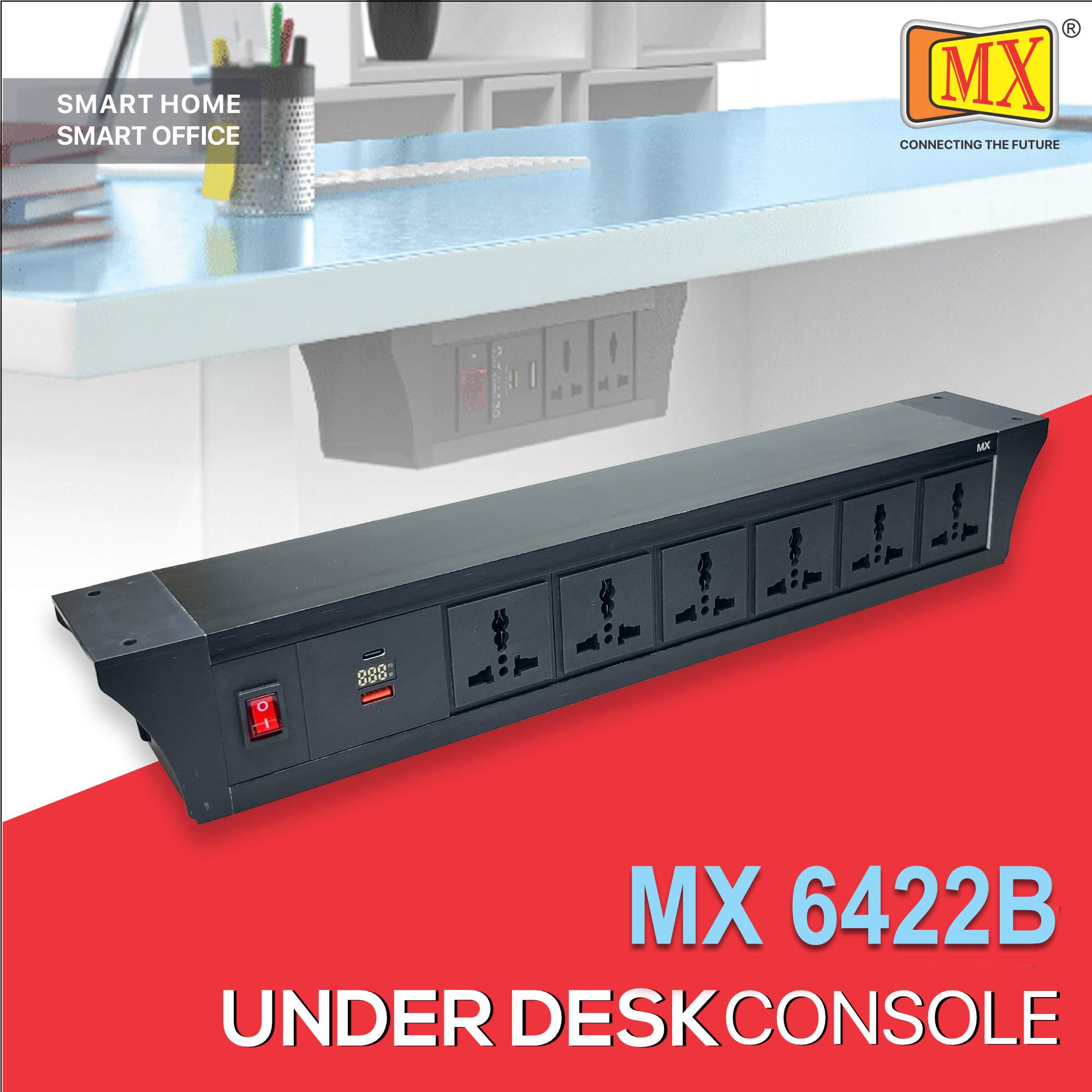 MX PDU Under table 6/13 Amps 6 Universal Socket | 2 USB (2.4 Amp) with 30W PD Charger With Display | Dual Pole LED Indicator Switch | 6 Amps Heavy Duty Cord 10 Meter with ISI Marked, Aluminium Body Material(MX 6422B-10M Black)