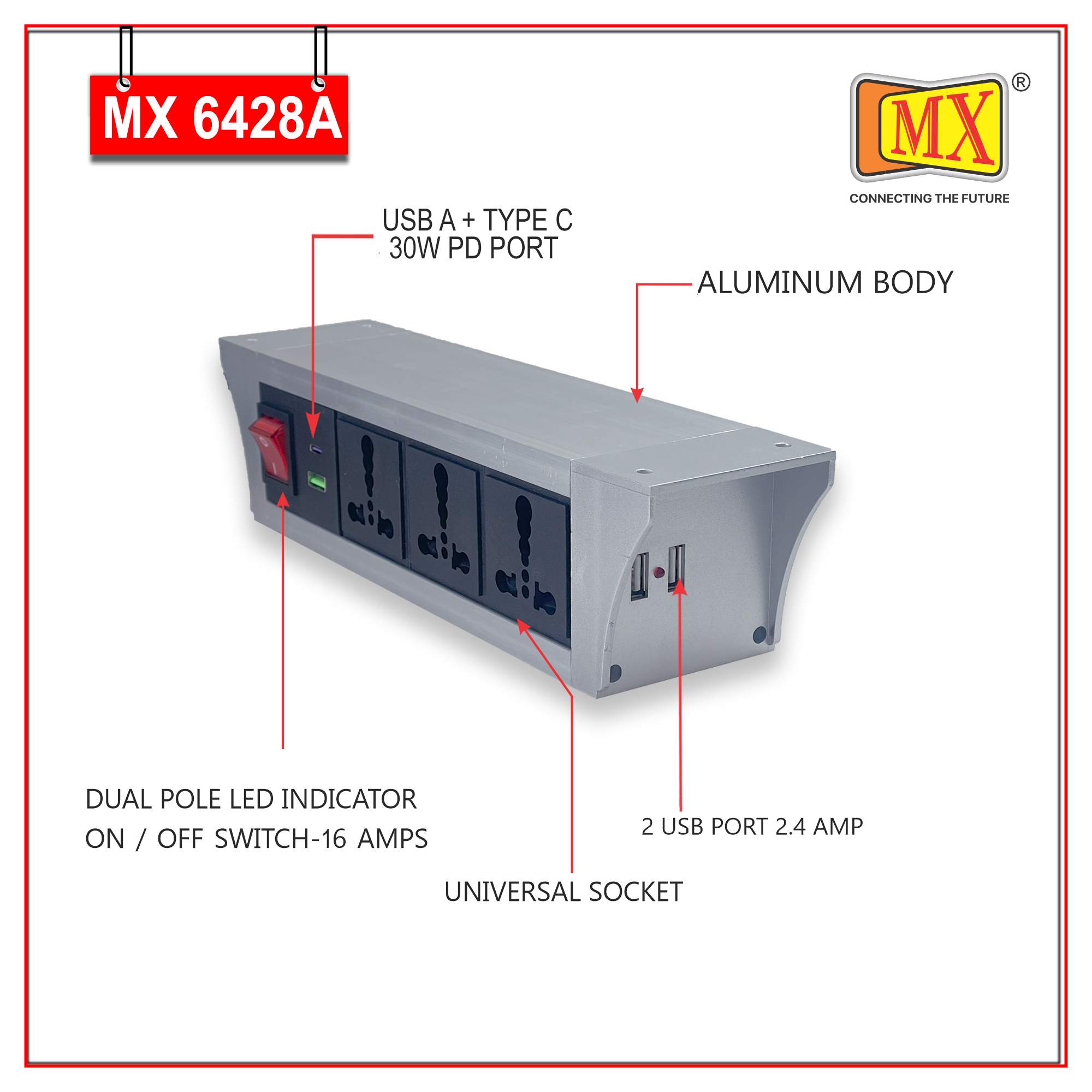 MX PDU Under table 6/16 Amps 3 Universal Socket | 2 USB (2.4 Amp) with 30W PD Charger | Dual Pole LED Indicator Switch | 16 Amps Heavy Duty Cord 3 Meter with ISI Marked, Aluminium Body Material(MX 6428A-3M Silver)