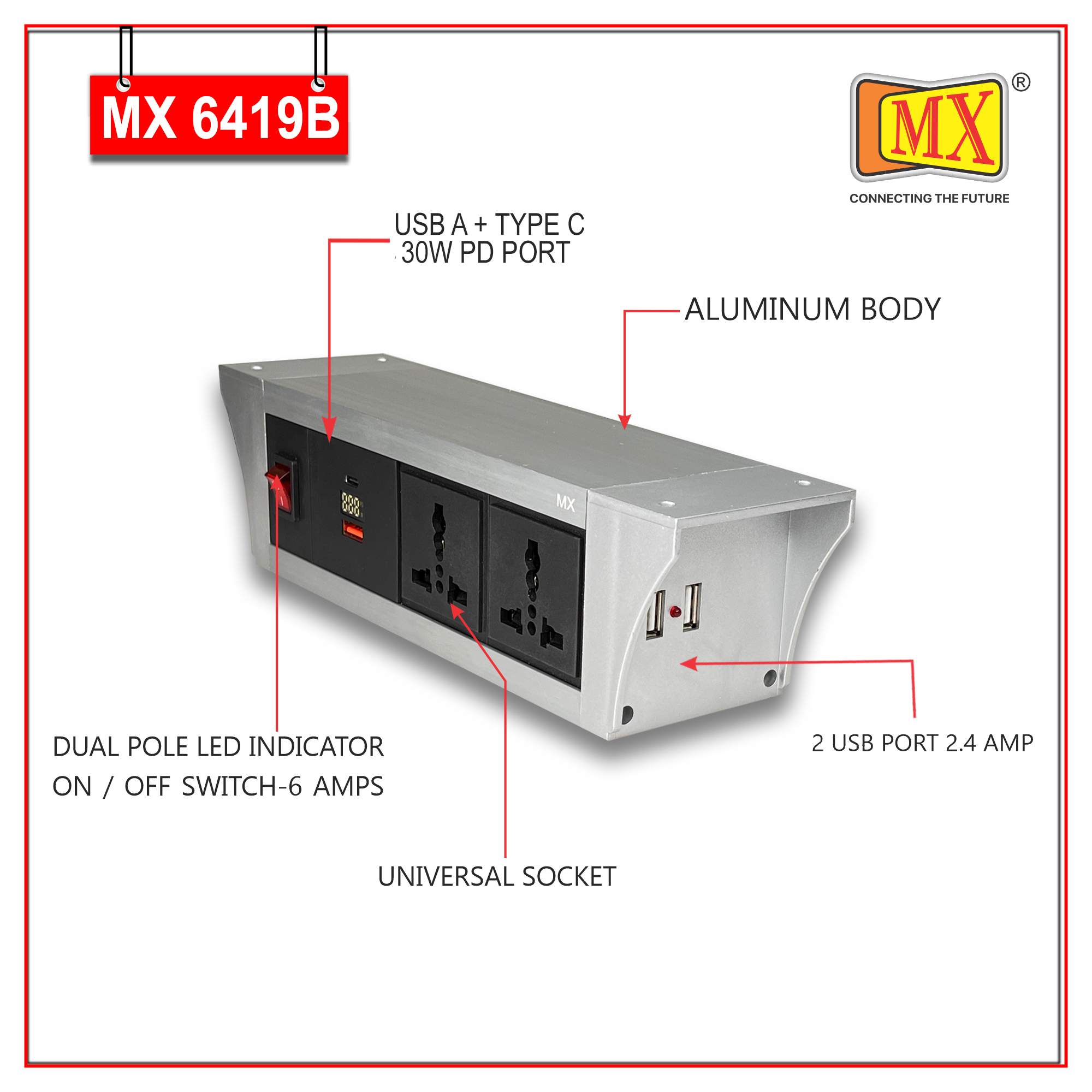 MX PDU Under table 6/13 Amps 2 Universal Socket | 2 USB (2.4 Amp) with 30W PD Charger With Display | Dual Pole LED Indicator Switch | 6 Amps Heavy Duty Cord 1.5 Meter with ISI Marked, Aluminium Body Material(MX 6419B-1.5M Silver)