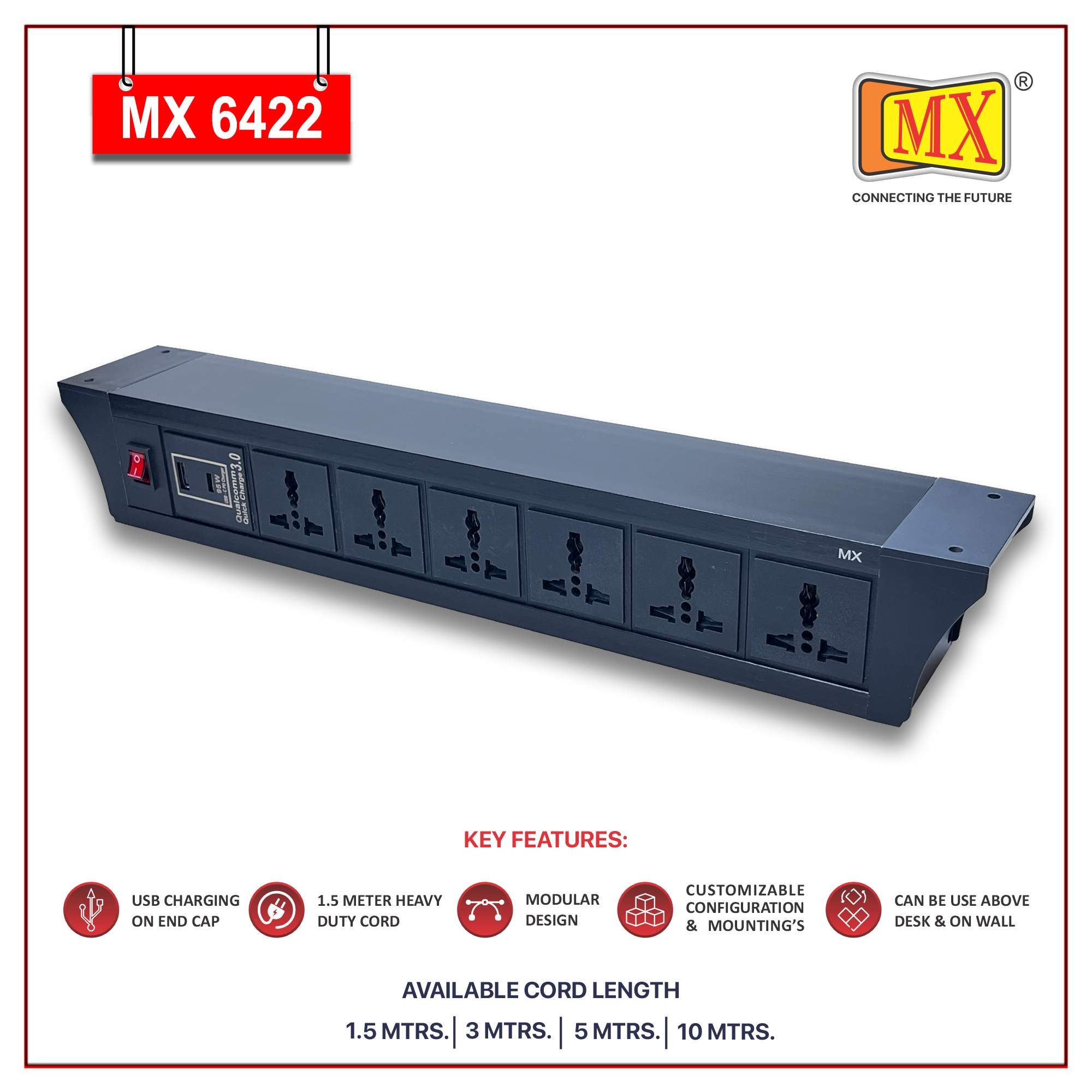 MX PDU Under table 6/13 Amps 6 Universal Socket | 2 USB (2.4 Amp) with 95W PD Charger | Dual Pole LED Indicator Switch | 6 Amps Heavy Duty Cord 3 Meter with ISI Marked, Aluminium Body Material(MX 6422-3M Black)