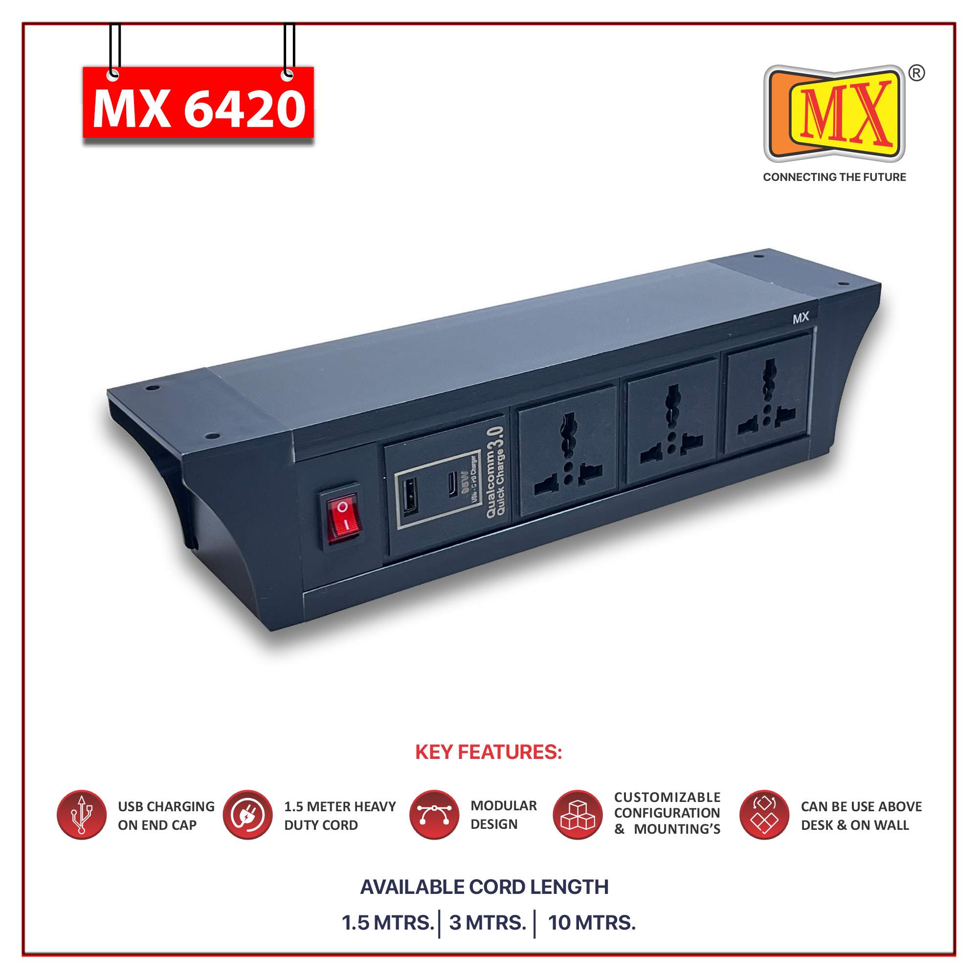 MX PDU Under table 6/13 Amps 3 Universal Socket | 2 USB (2.4 Amp) with 95W PD Charger | Dual Pole LED Indicator Switch | 6 Amps Heavy Duty Cord 1.5 Meter with ISI Marked, Aluminium Body Material(MX 6420-1.5M Black)