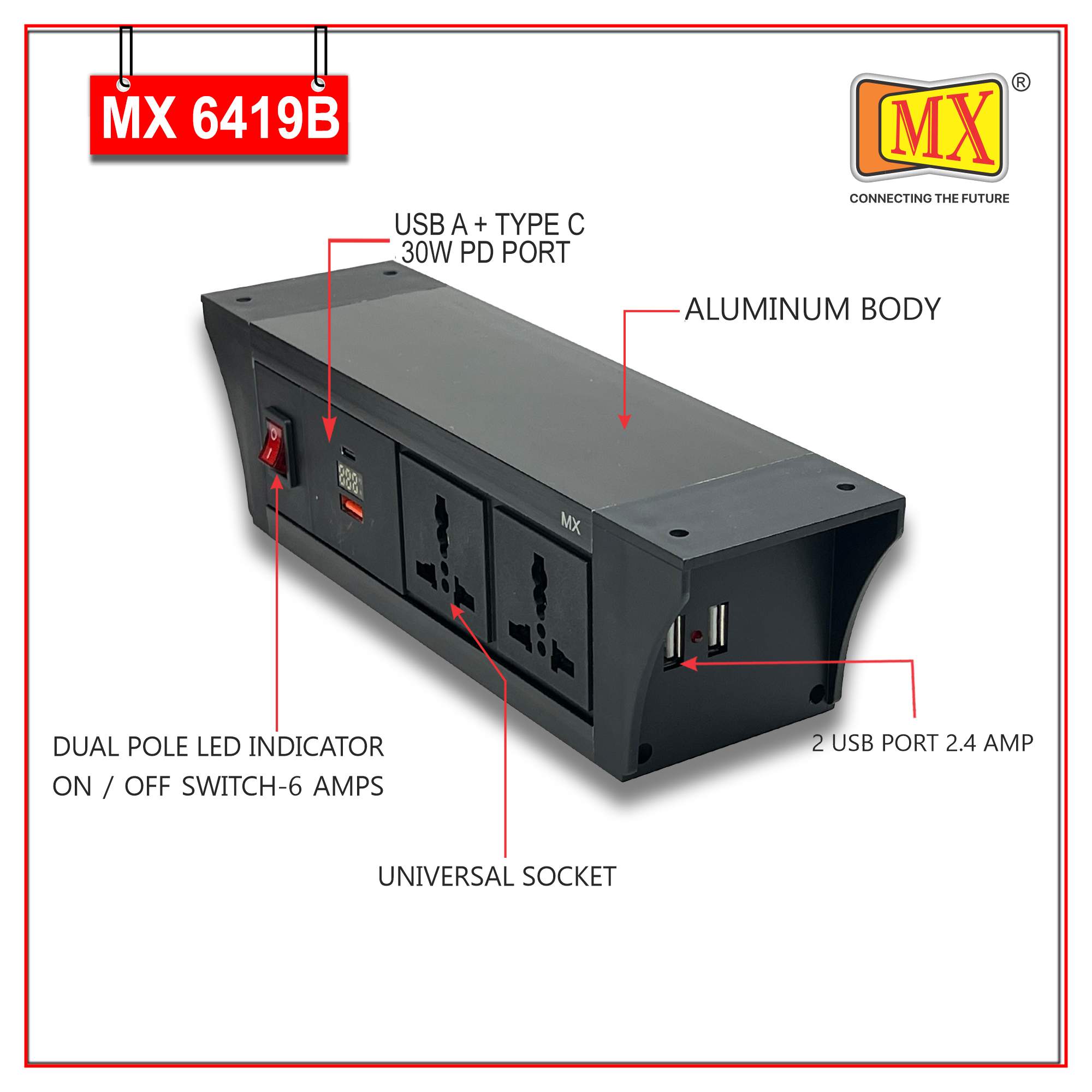 MX PDU Under table 6/13 Amps 2 Universal Socket | 2 USB (2.4 Amp) with 30W PD Charger With Display| Dual Pole LED Indicator Switch | 6 Amps Heavy Duty Cord 3 Meter with ISI Marked, Aluminium Body Material(MX 6419B-3M Black)