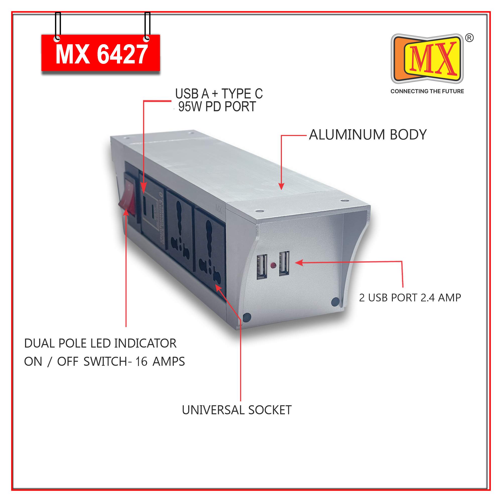MX PDU Under table 6/16 Amps 2 Universal Socket | 2 USB (2.4 Amp) with 95W PD Charger | Dual Pole LED Indicator Switch | 16 Amps Heavy Duty Cord 1.5 Meter with ISI Marked, Aluminium Body Material(MX 6427-1.5M Silver)