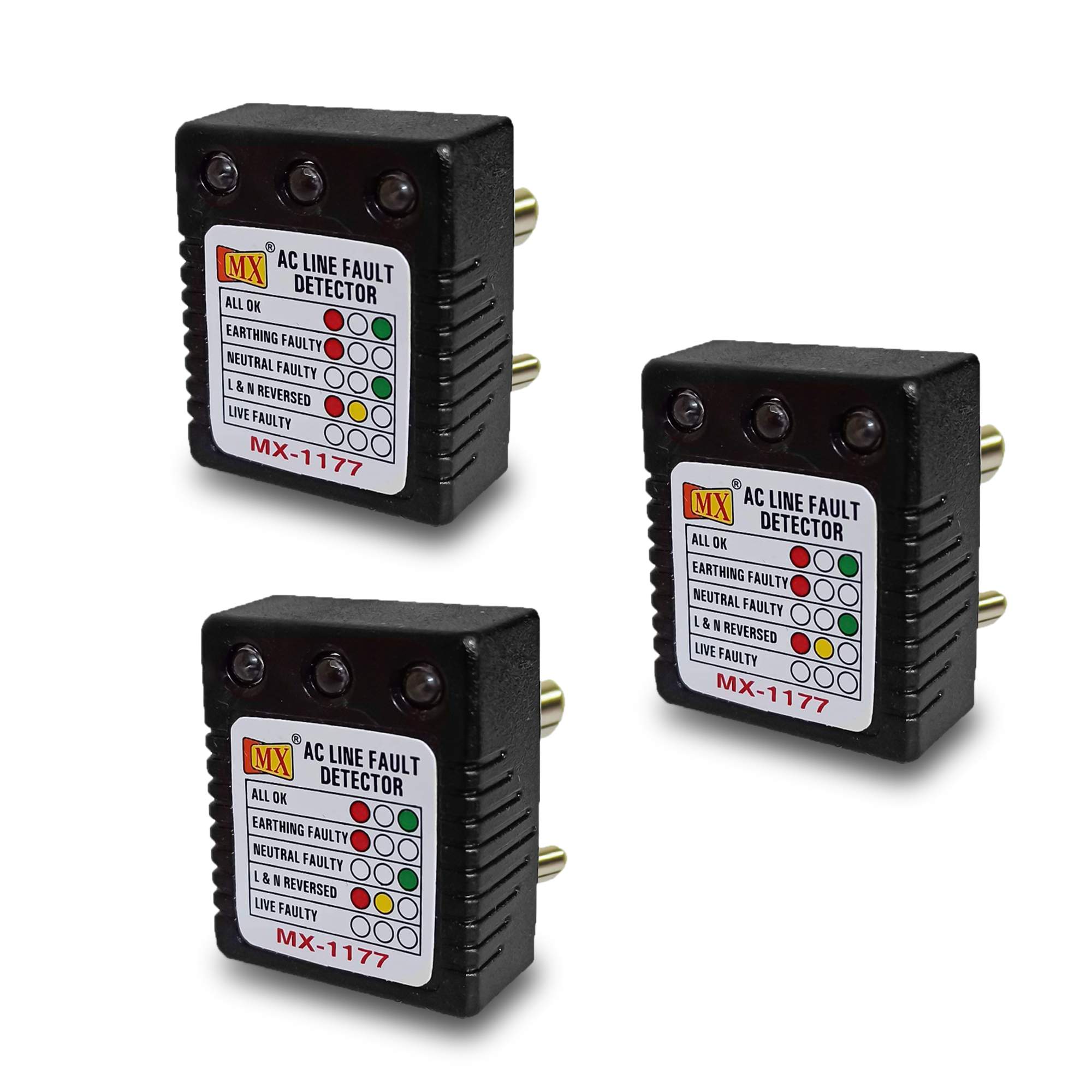 MX AC Electrical Line Fault Detector 5 AMP 3 Pin AC Socket Tester with Automatic Earthing & Neutral Faulty | L&N Reversed | Live Faulty Detector with RYG Led Indicator Wall Plug (Pack of 3)