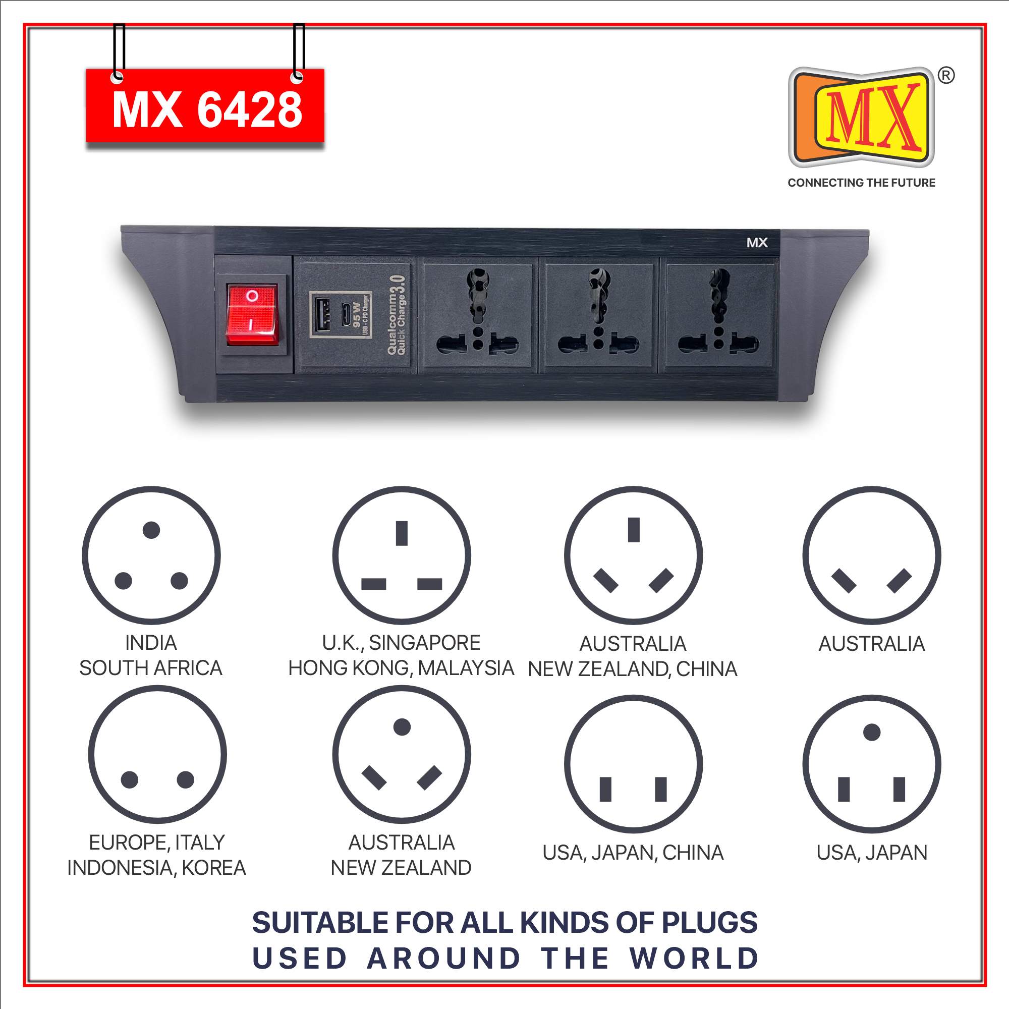 MX PDU Under table 6/16 Amps 3 Universal Socket | 2 USB (2.4 Amp) with 95W PD Charger | Dual Pole LED Indicator Switch | 16 Amps Heavy Duty Cord 10 Meter with ISI Marked, Aluminium Body Material(MX 6428-10M Black)