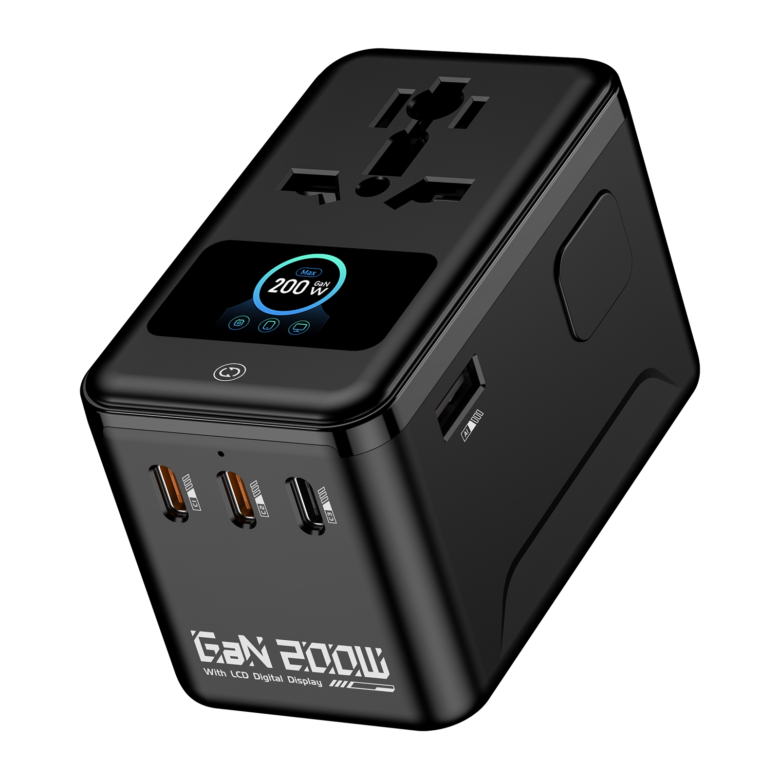 MX 200W GaN Universal Travel Adapter Smart LCD Display Fast Charging Station, Multi Device Charger, USB-C PD 100W International Plug Adapter for 200+ Countries | MacBook, iPhone, Samsung & Laptop