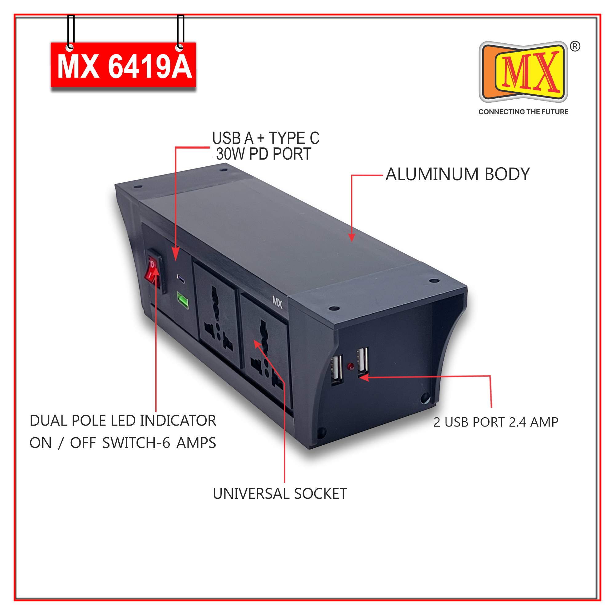 MX PDU Under table 6/13 Amps 2 Universal Socket | 2 USB (2.4 Amp) with 30W PD Charger | Dual Pole LED Indicator Switch | 6 Amps Heavy Duty Cord 1.5 Meter with ISI Marked, Aluminium Body Material(MX 6419A-1.5M Black)
