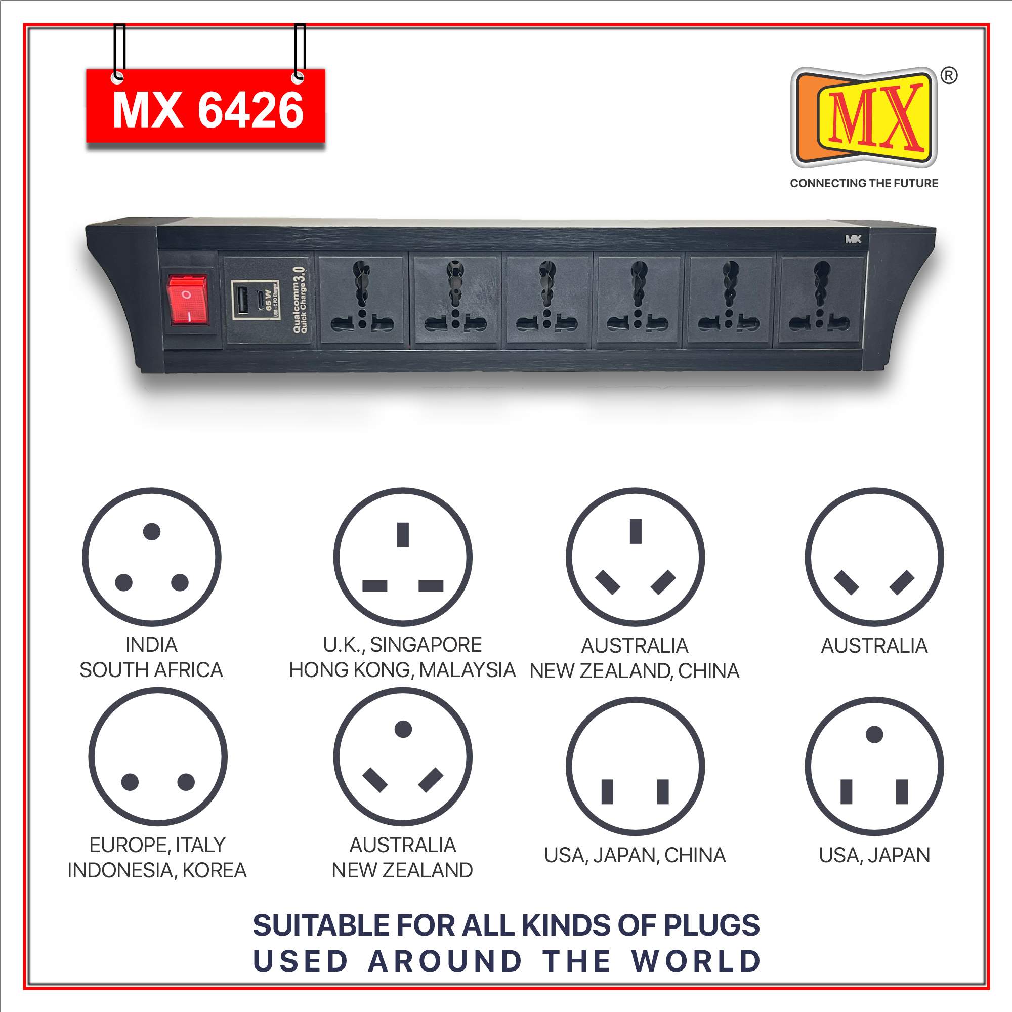 MX PDU Under table 6/16 Amps 6 Universal Socket | 2 USB (2.4 Amp) with 65W PD Charger | Dual Pole LED Indicator Switch | 16 Amps Heavy Duty Cord 1.5 Meter with ISI Marked, Aluminium Body Material(MX 6426-1.5M Black)