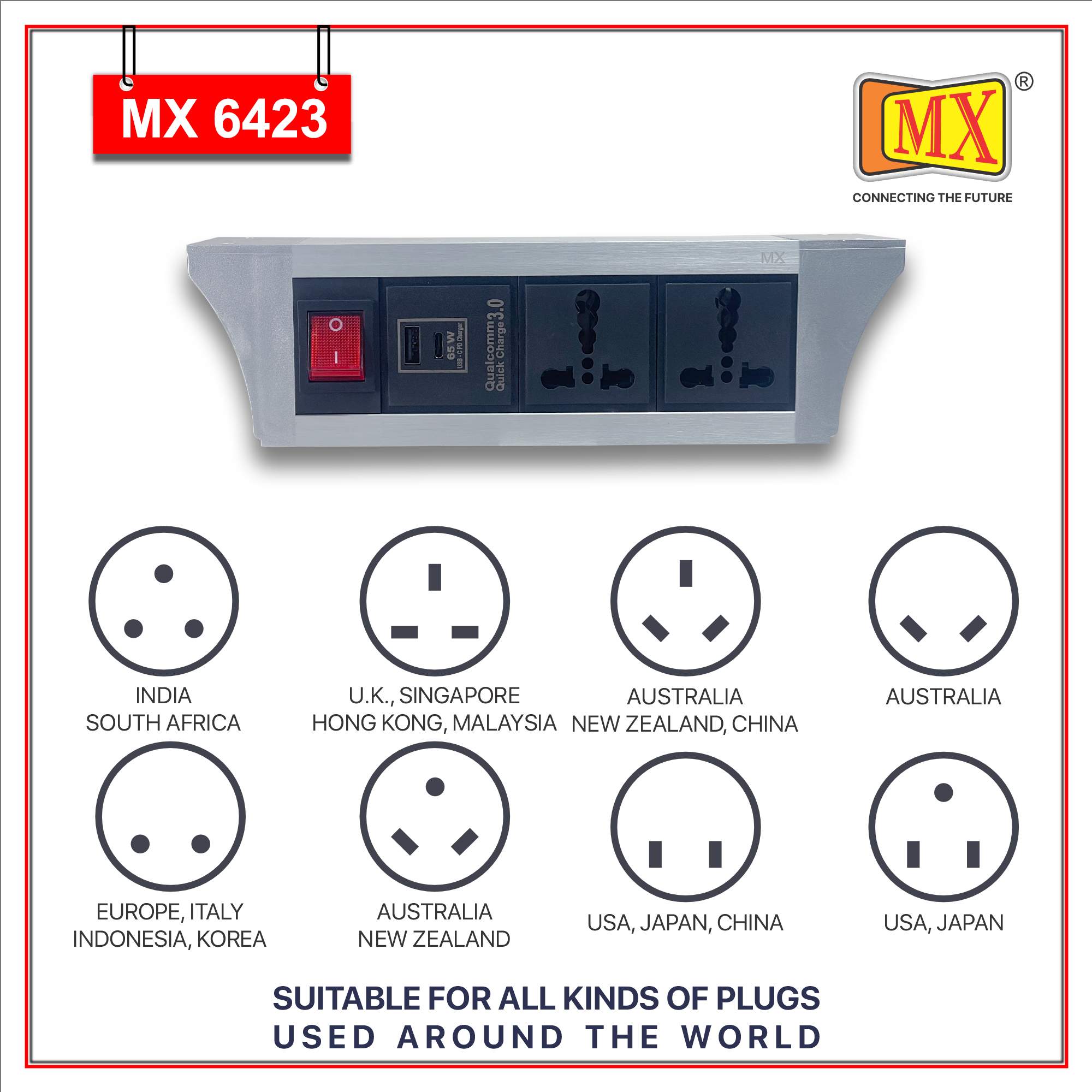 MX PDU Under table 6/16 Amps 2 Universal Socket | 2 USB (2.4 Amp) with 65W PD Charger | Dual Pole LED Indicator Switch | 16 Amps Heavy Duty Cord 5 Meter with ISI Marked, Aluminium Body Material(MX 6423-5M Silver)