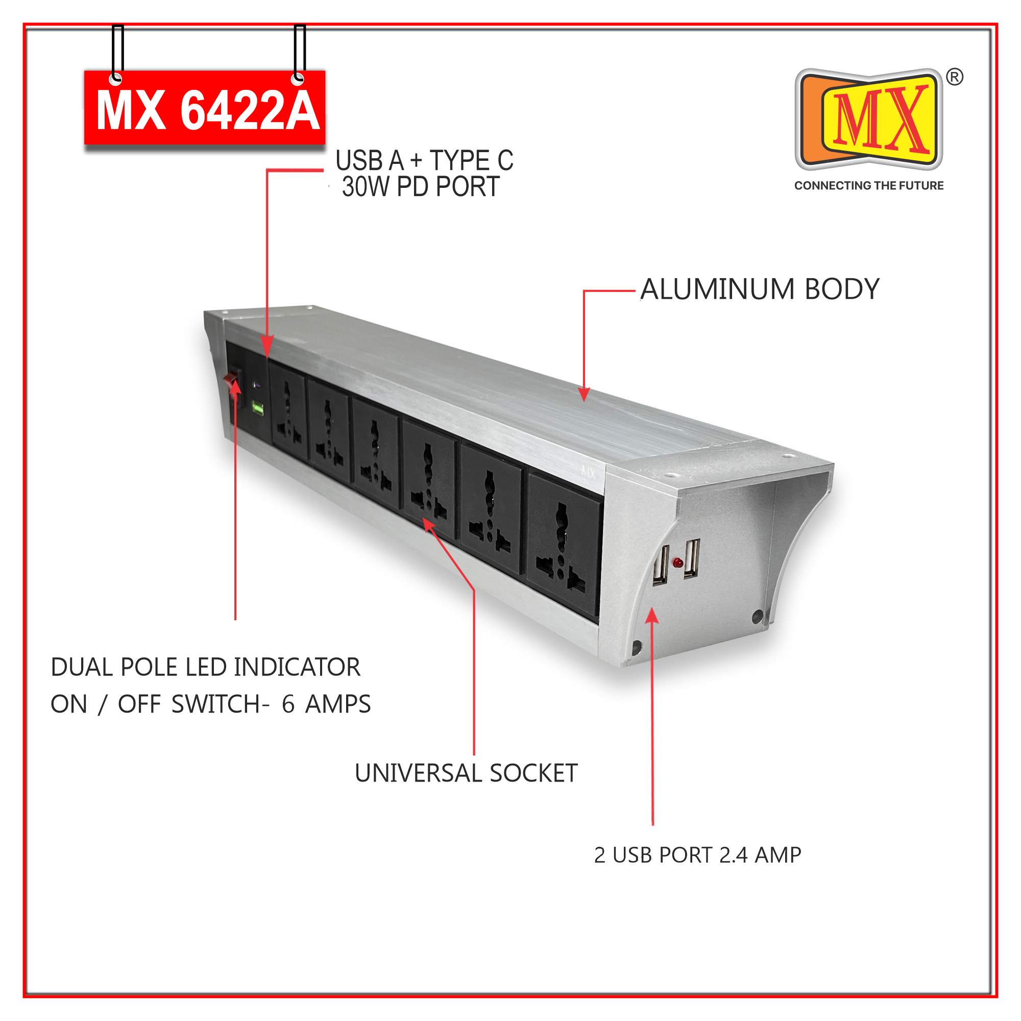 MX PDU Under table 6/13 Amps 6 Universal Socket | 2 USB (2.4 Amp) with 30W PD Charger | Dual Pole LED Indicator Switch | 6 Amps Heavy Duty Cord 3 Meter with ISI Marked, Aluminium Body Material(MX 6422A-3M Silver)