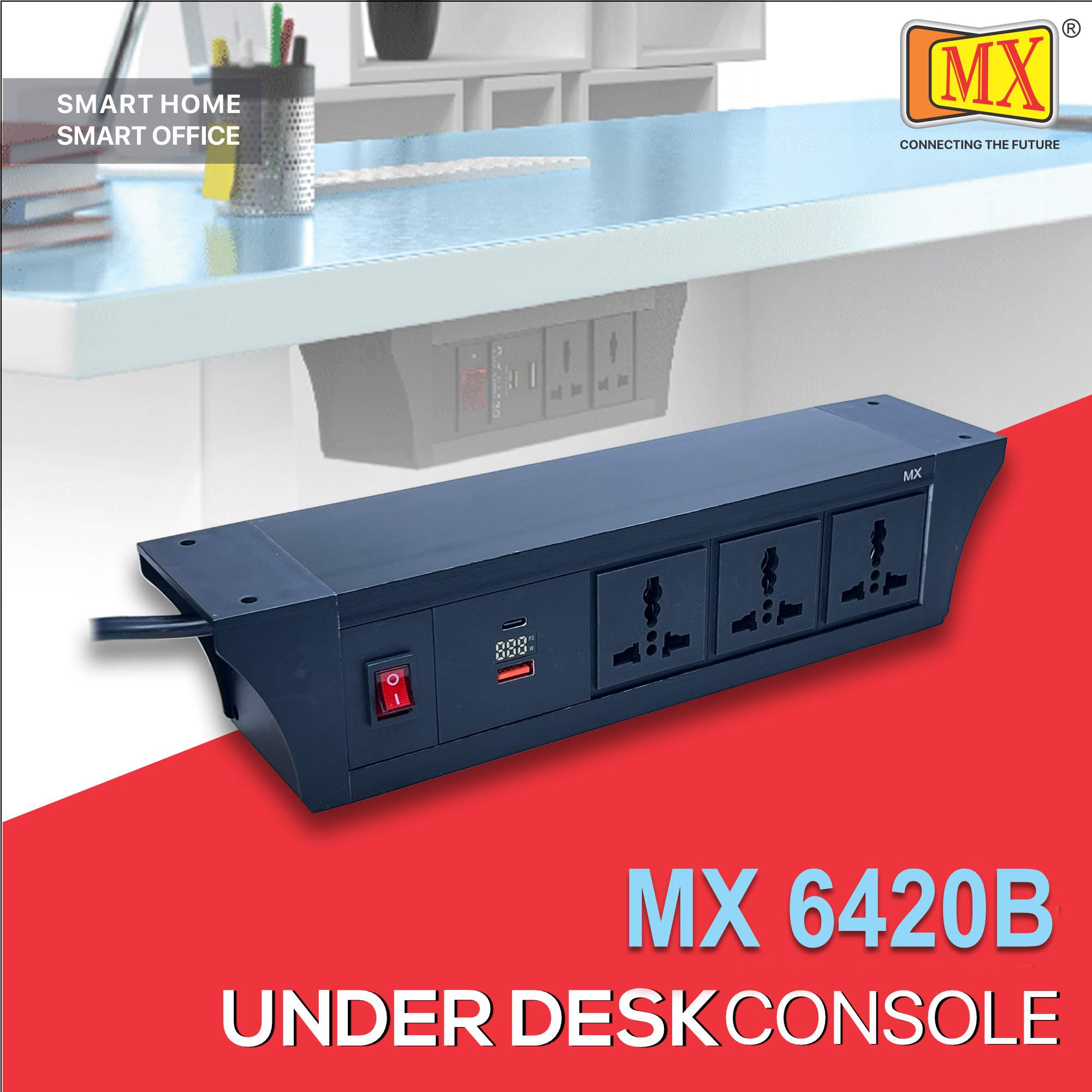 MX PDU Under table 6/13 Amps 3 Universal Socket | 2 USB (2.4 Amp) with 30W PD Charger With Display | Dual Pole LED Indicator Switch | 6 Amps Heavy Duty Cord 5 Meter with ISI Marked, Aluminium Body Material(MX 6420B-5M Black)