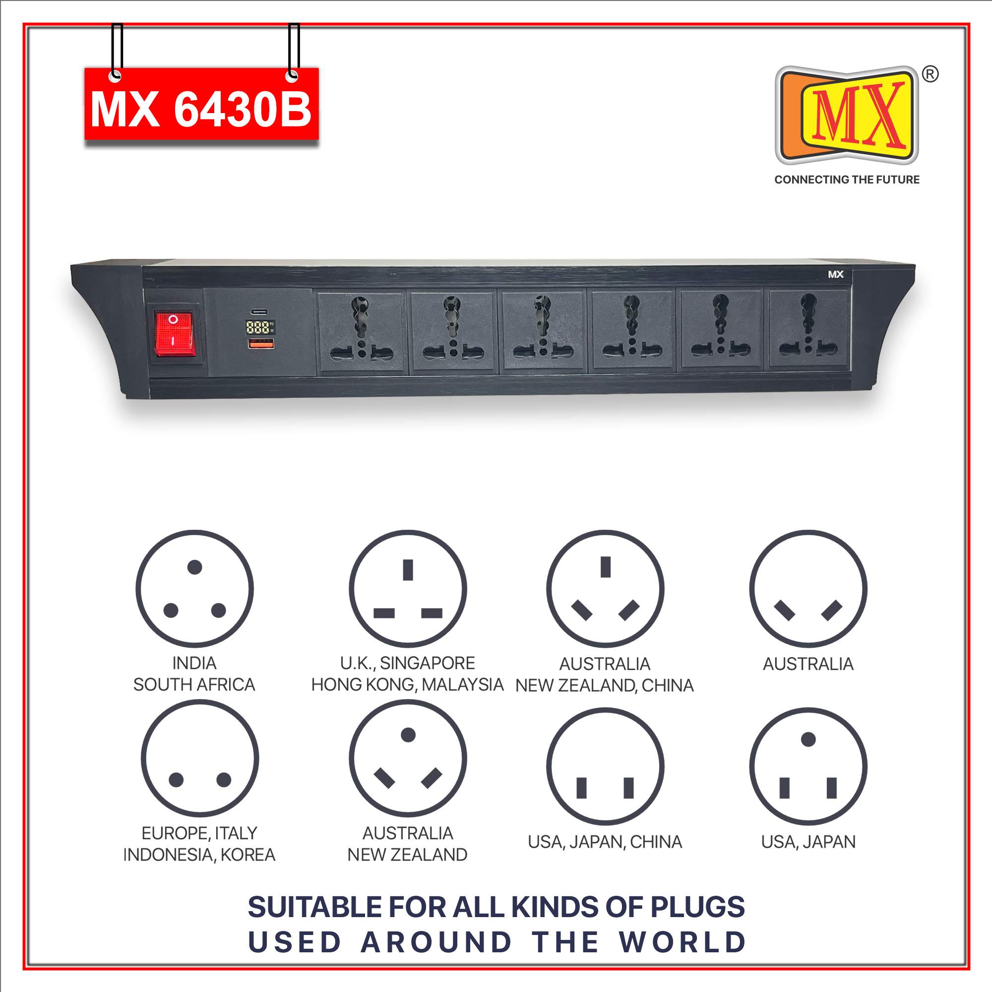 MX PDU Under table 6/16 Amps 6 Universal Socket | 2 USB (2.4 Amp) with 30W PD Charger With Display  | Dual Pole LED Indicator Switch | 16 Amps Heavy Duty Cord 1.5 Meter with ISI Marked, Aluminium Body Material(MX 6430B-1.5M Black)