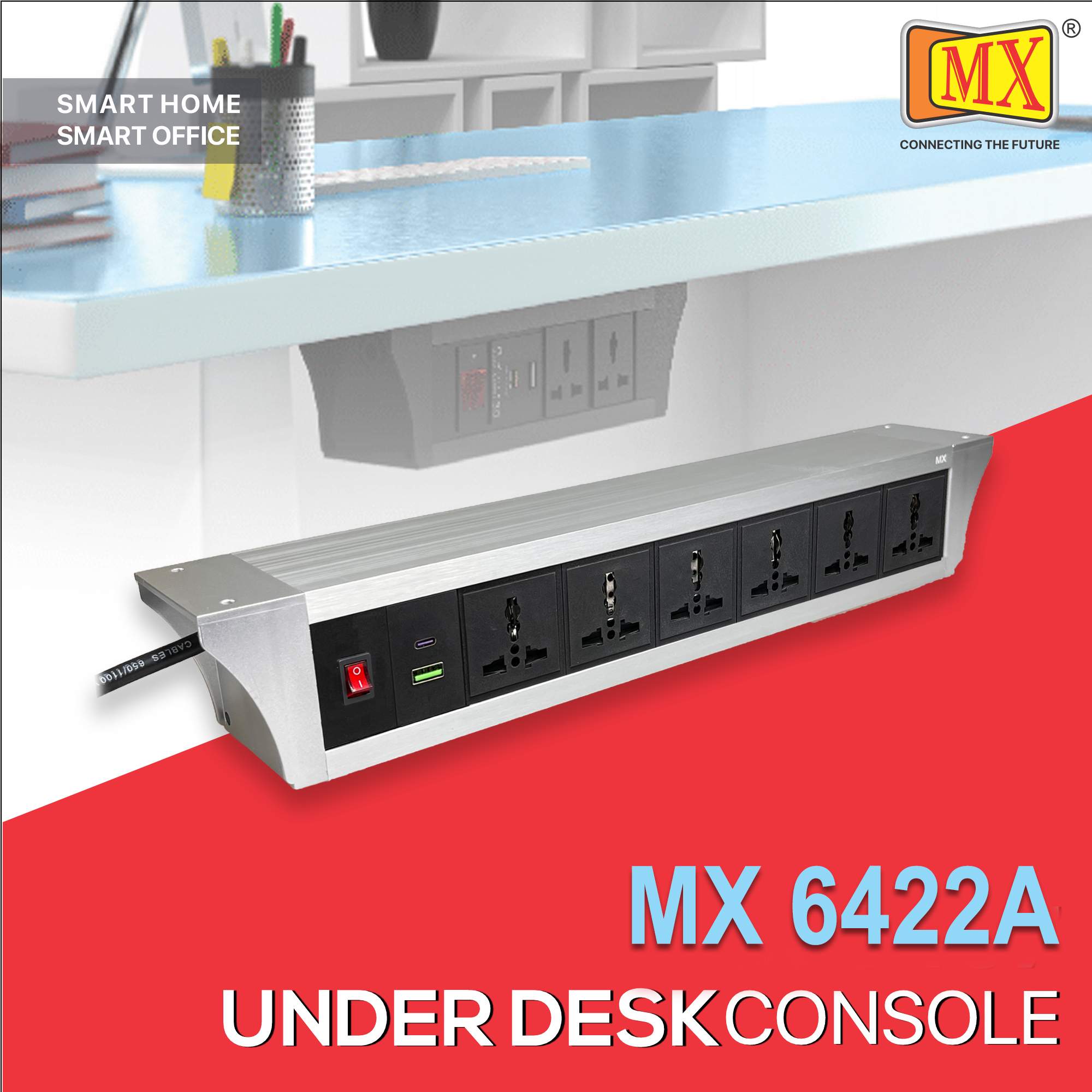 MX PDU Under table 6/13 Amps 6 Universal Socket | 2 USB (2.4 Amp) with 30W PD Charger | Dual Pole LED Indicator Switch | 6 Amps Heavy Duty Cord 1.5 Meter with ISI Marked, Aluminium Body Material(MX 6422A-1.5M Silver)