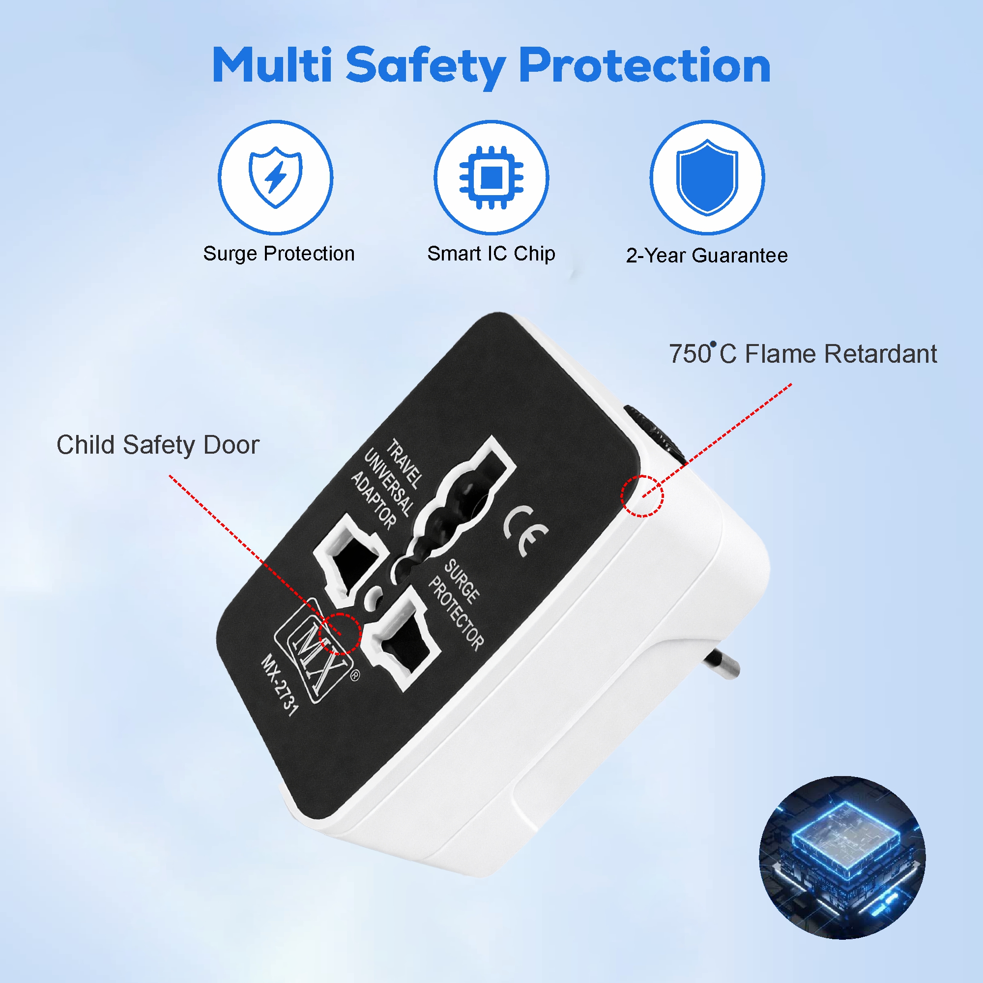 MX Universal Travel Adapter, Worldwide All over 150 International Countries with LED & Child Safety Shutter-Universal Socket Compatible in UK, Europe, USA, Australia, China, Japan & Thailand (White & Black)