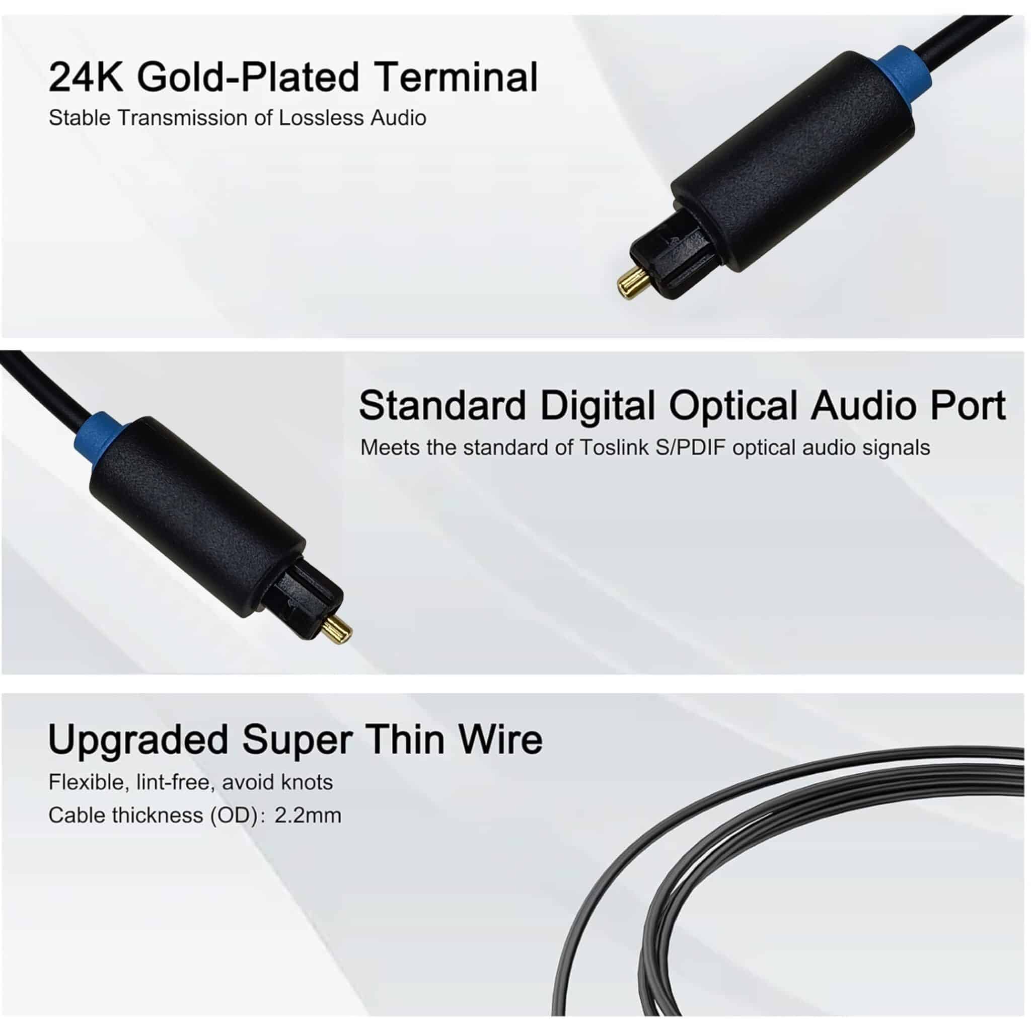 MX Fiber Optic Cable TOSLINK to TOSLINK Plug Cord - 5 meters