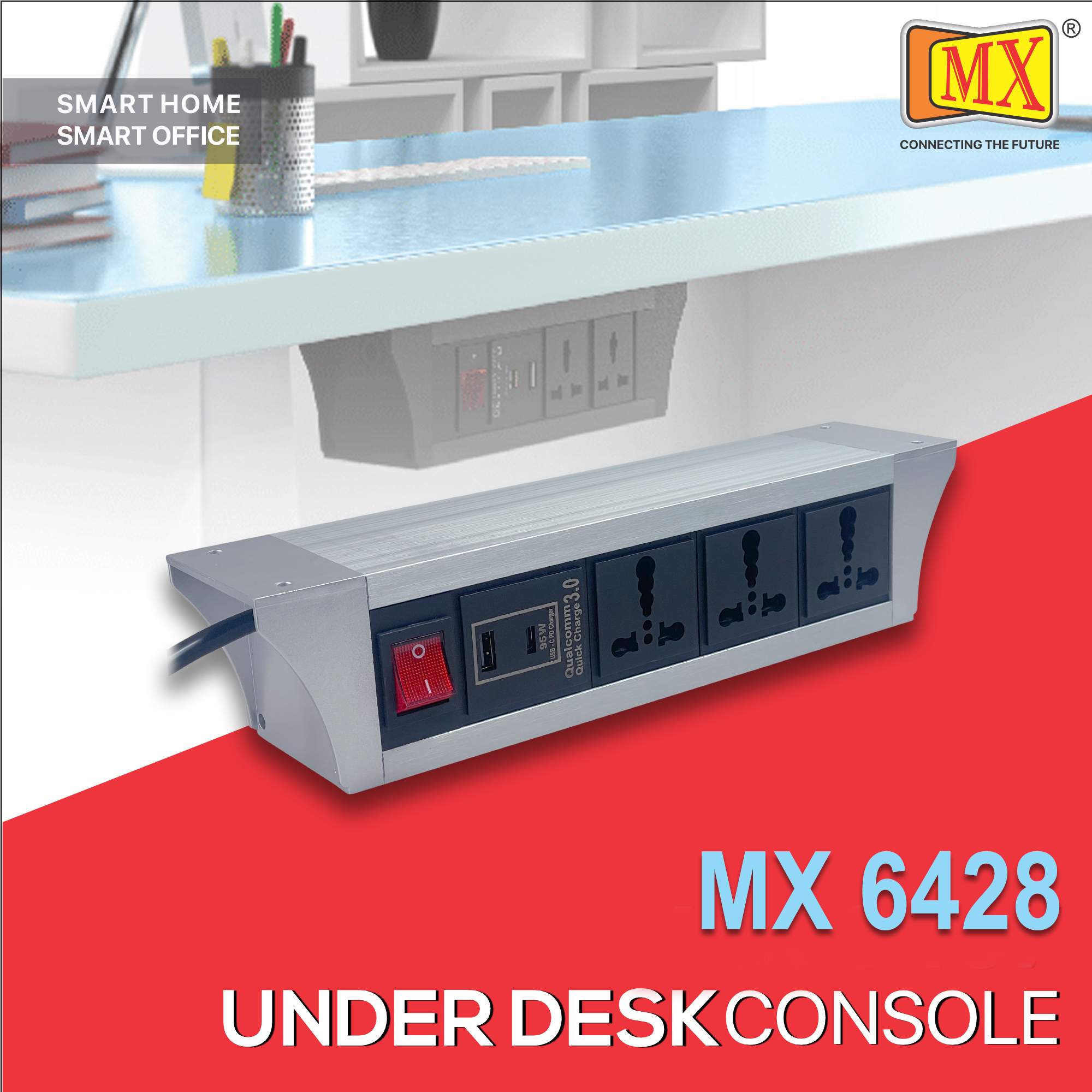 MX PDU Under table 6/16 Amps 3 Universal Socket | 2 USB (2.4 Amp) with 95W PD Charger | Dual Pole LED Indicator Switch | 16 Amps Heavy Duty Cord 3 Meter with ISI Marked, Aluminium Body Material(MX 6428-3M Silver)