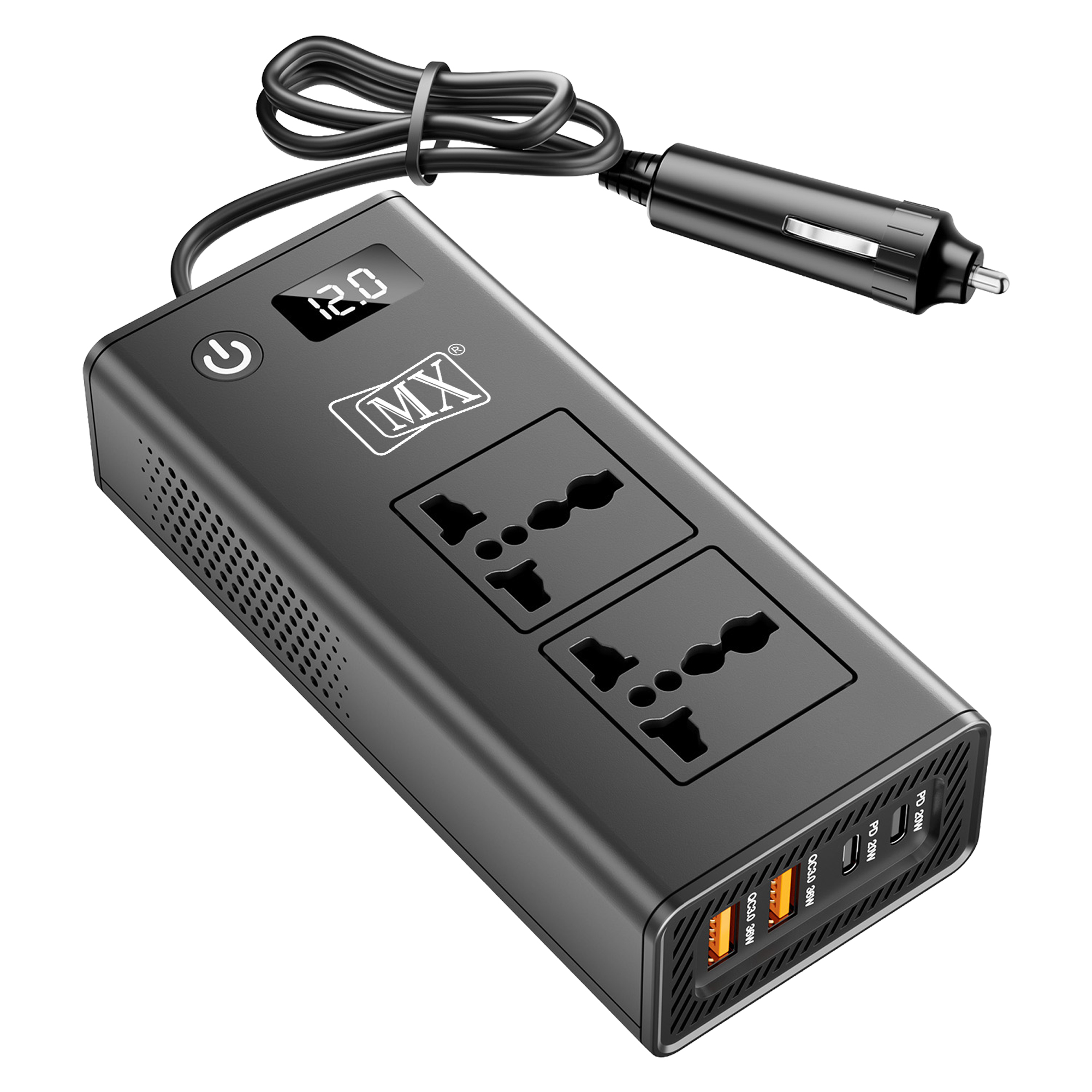 MX 200W Car Power Inverter, 6-in-1 Car Laptop Charger with Dual AC Sockets, 20W Type-C PD, 36W USB Ports, Voltage Display, ON/OFF Switch, Multi-Protection,12V to 220V Car Adapter for Travel,Road Trips