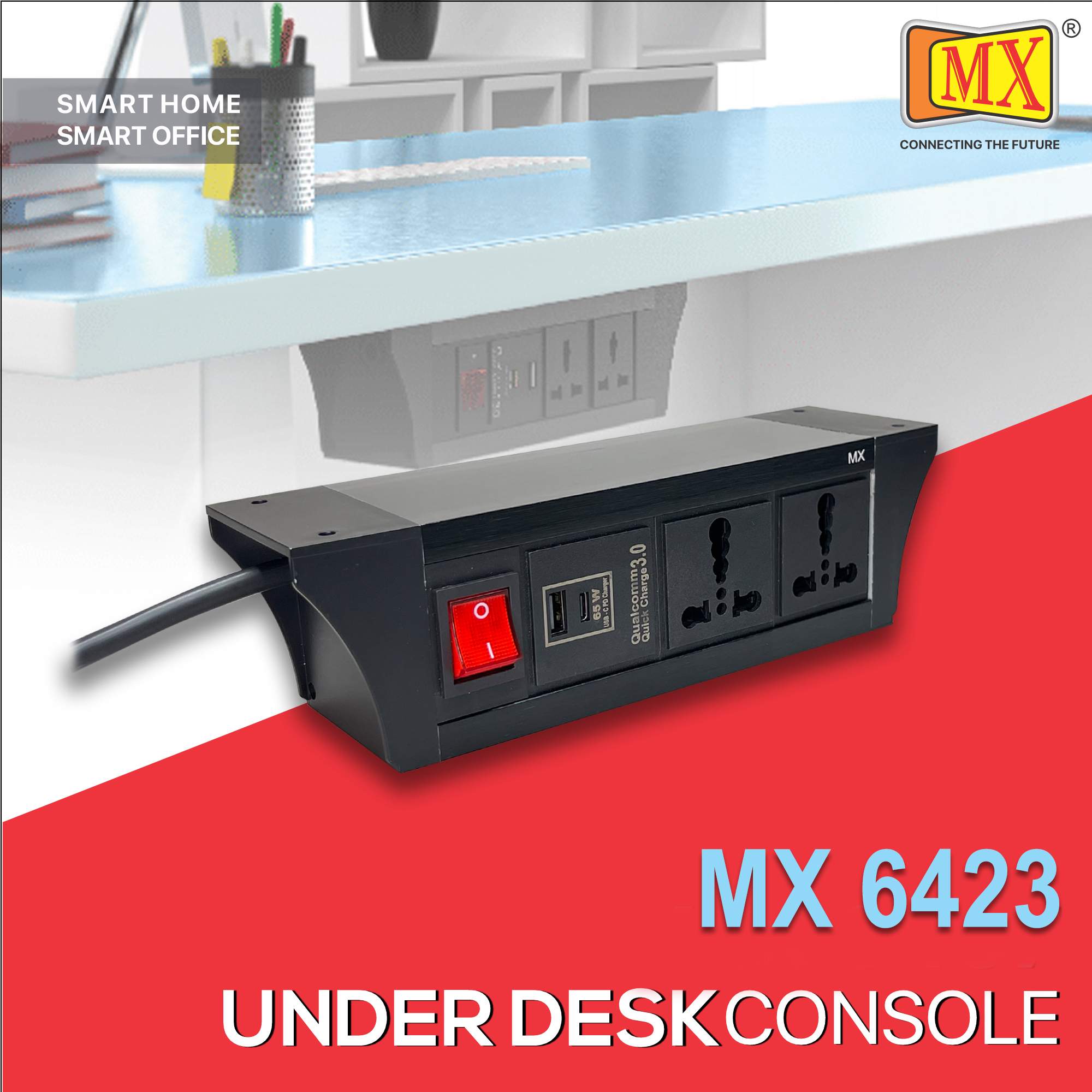 MX PDU Under table 6/16 Amps 2 Universal Socket | 2 USB (2.4 Amp) with 65W PD Charger | Dual Pole LED Indicator Switch | 16 Amps Heavy Duty Cord 10 Meter with ISI Marked, Aluminium Body Material(MX 6423-10M Black)