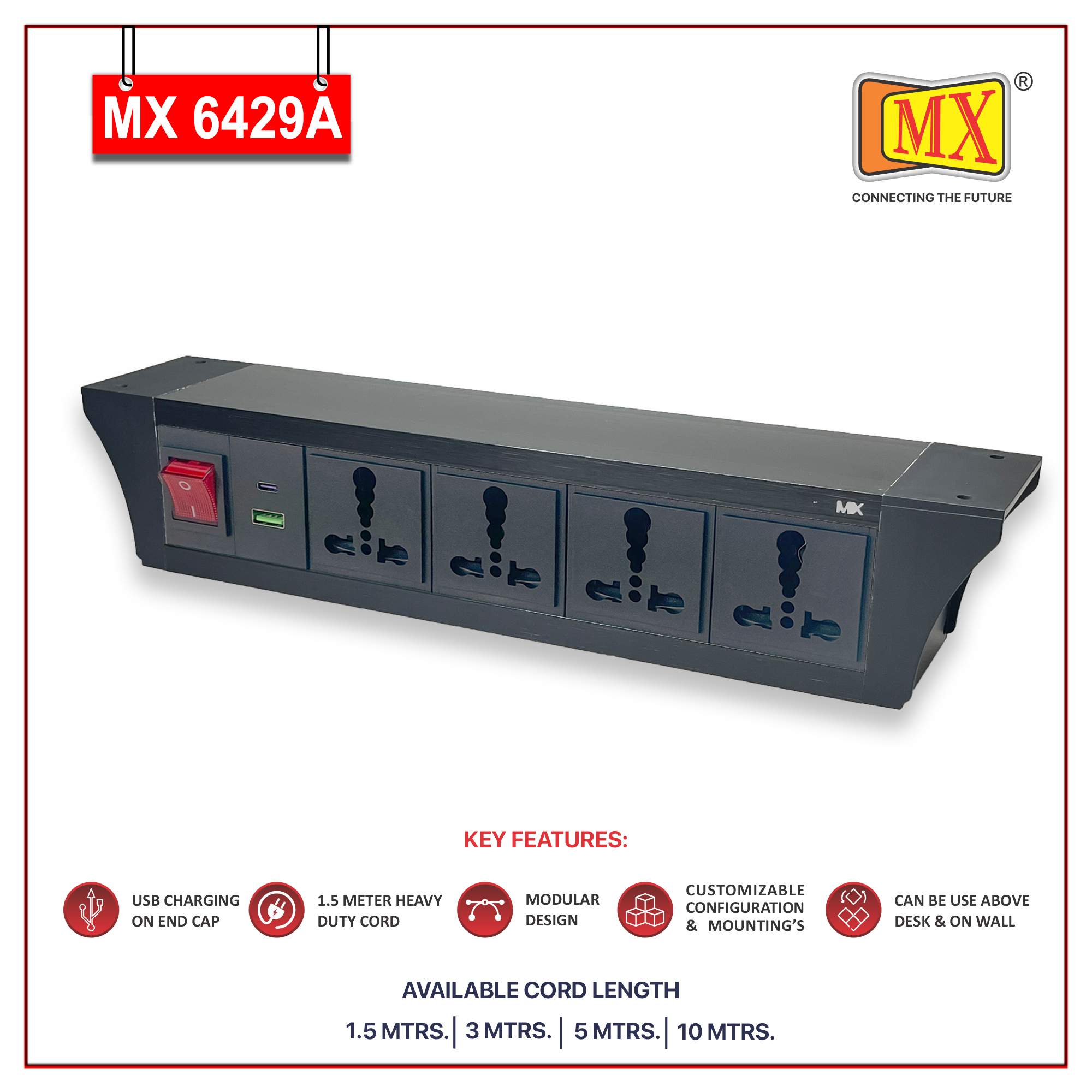 MX PDU Under table 6/16 Amps 4 Universal Socket | 2 USB (2.4 Amp) with 30W PD Charger | Dual Pole LED Indicator Switch | 16 Amps Heavy Duty Cord 10 Meter with ISI Marked, Aluminium Body Material(MX 6429A-10M Black)