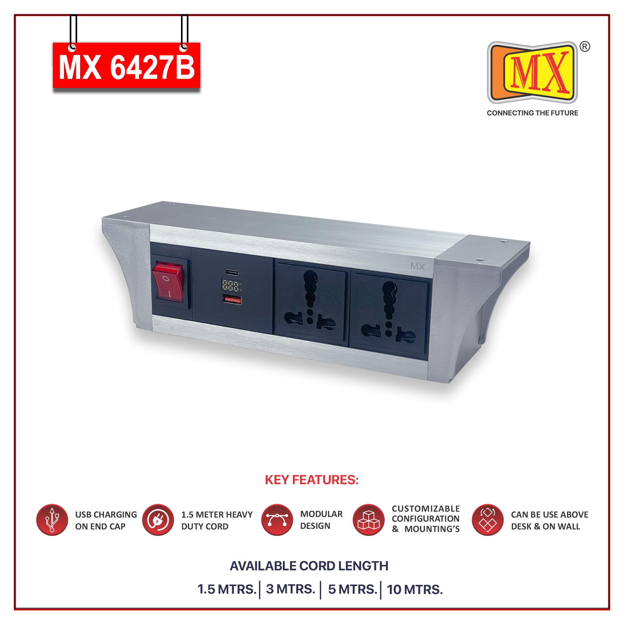 MX PDU Under table 6/16 Amps 2 Universal Socket | 2 USB (2.4 Amp) with 30W PD Charger With Display | Dual Pole LED Indicator Switch | 16 Amps Heavy Duty Cord 10 Meter with ISI Marked, Aluminium Body Material(MX 6427B-10M Silver)