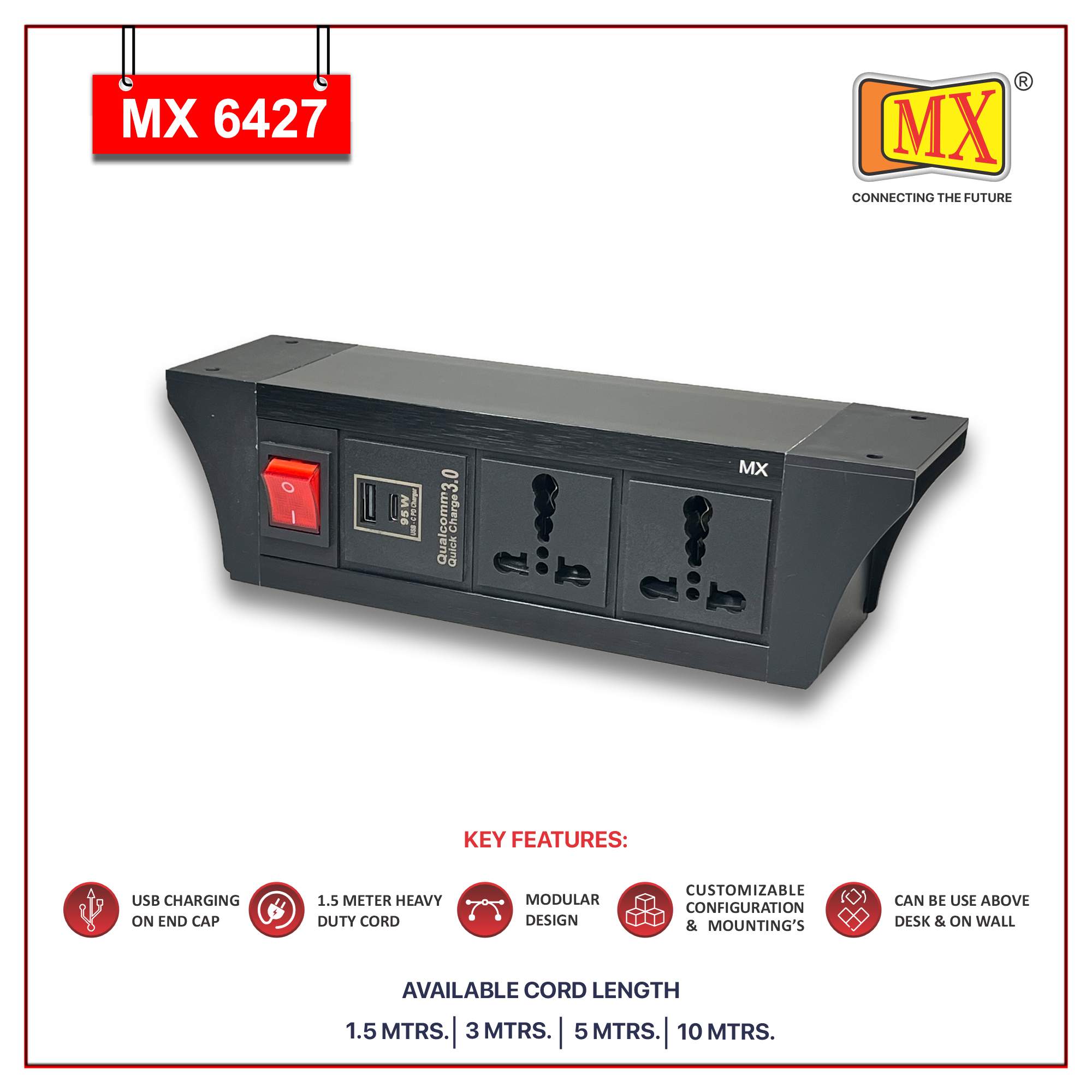 MX PDU Under table 6/16 Amps 2 Universal Socket | 2 USB (2.4 Amp) with 95W PD Charger | Dual Pole LED Indicator Switch | 16 Amps Heavy Duty Cord 5 Meter with ISI Marked, Aluminium Body Material(MX 6427-5M Black)