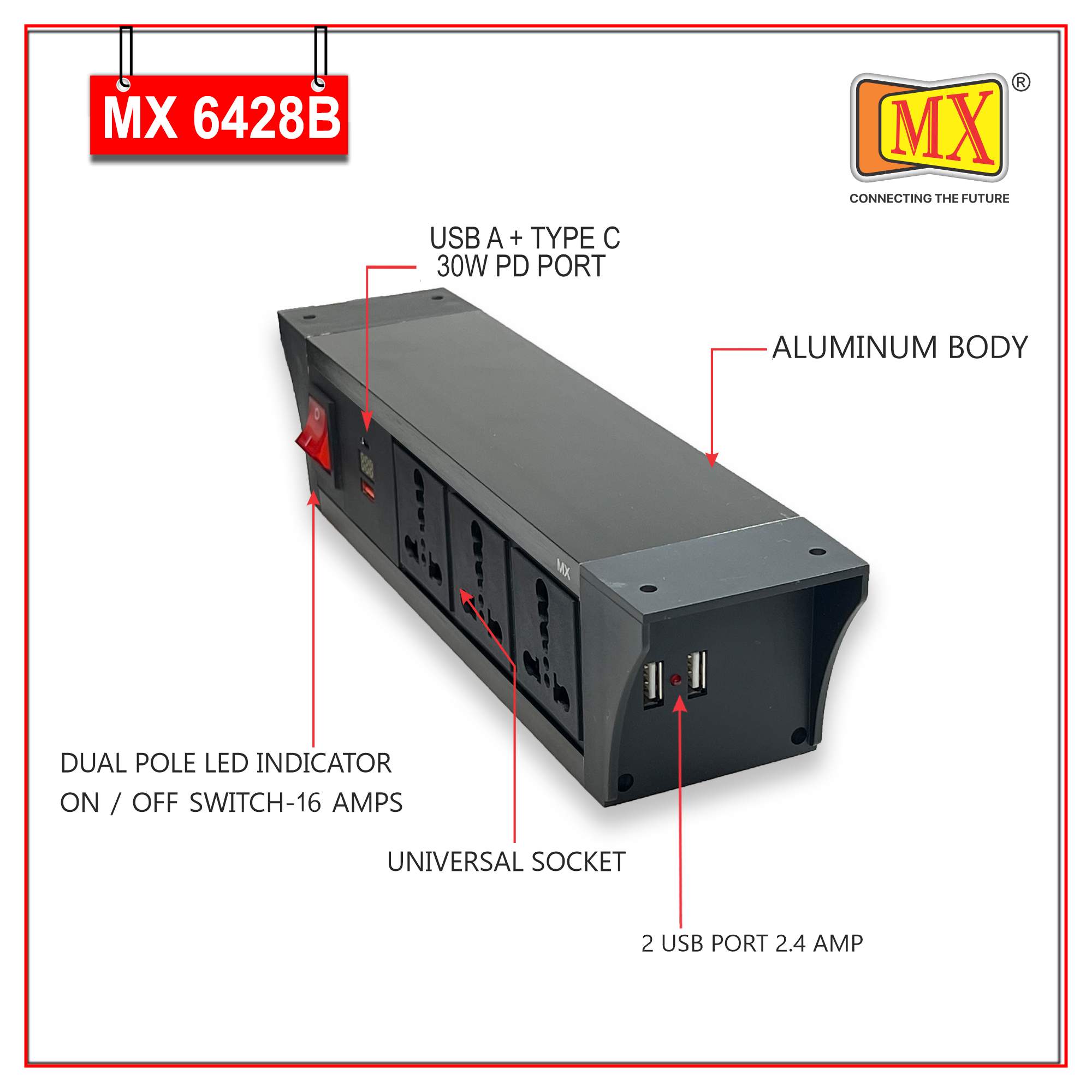 MX PDU Under table 6/16 Amps 3 Universal Socket | 2 USB (2.4 Amp) with 30W PD Charger With Display | Dual Pole LED Indicator Switch | 16 Amps Heavy Duty Cord 5 Meter with ISI Marked, Aluminium Body Material(MX 6428B-5M Black)