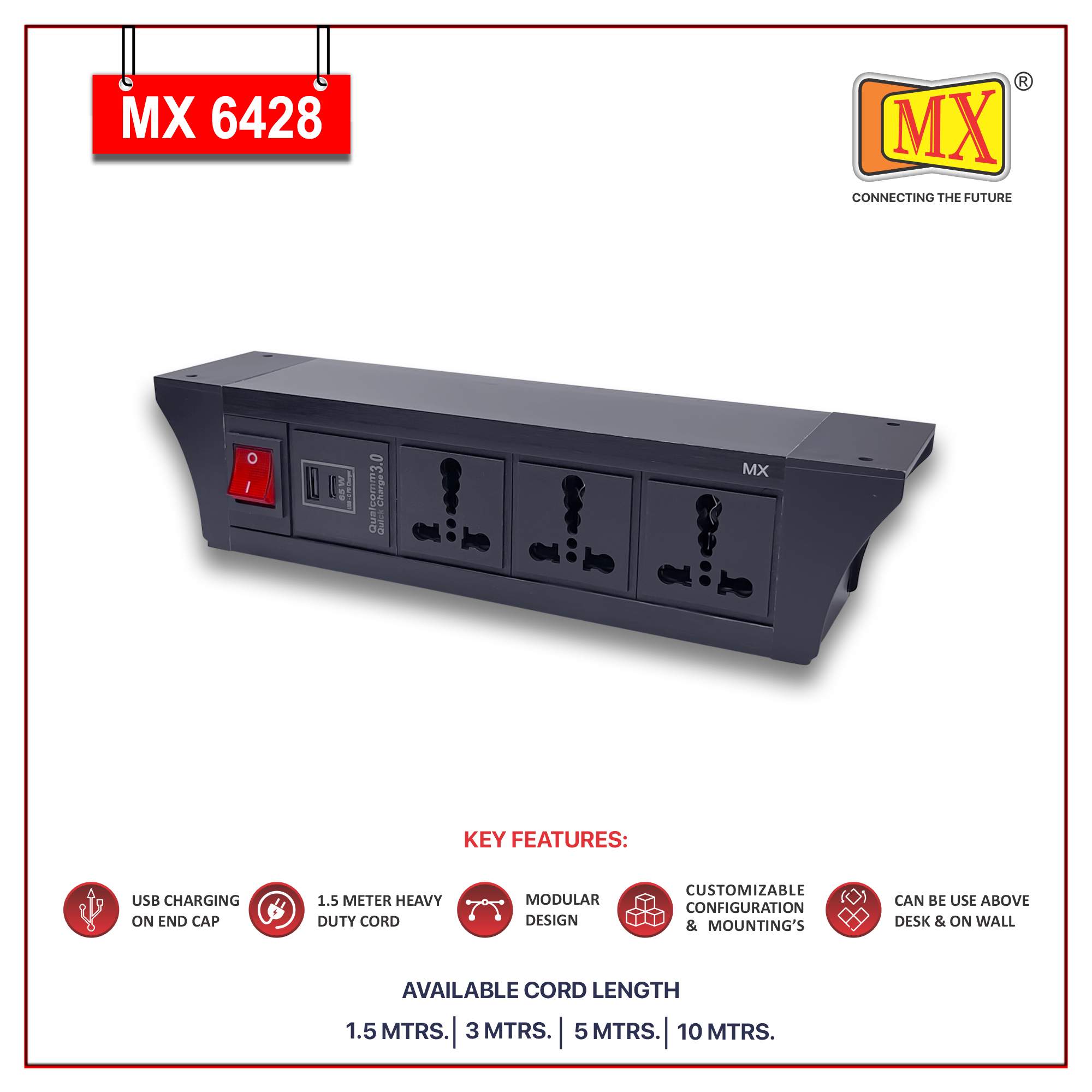 MX PDU Under table 6/16 Amps 3 Universal Socket | 2 USB (2.4 Amp) with 95W PD Charger | Dual Pole LED Indicator Switch | 16 Amps Heavy Duty Cord 10 Meter with ISI Marked, Aluminium Body Material(MX 6428-10M Black)
