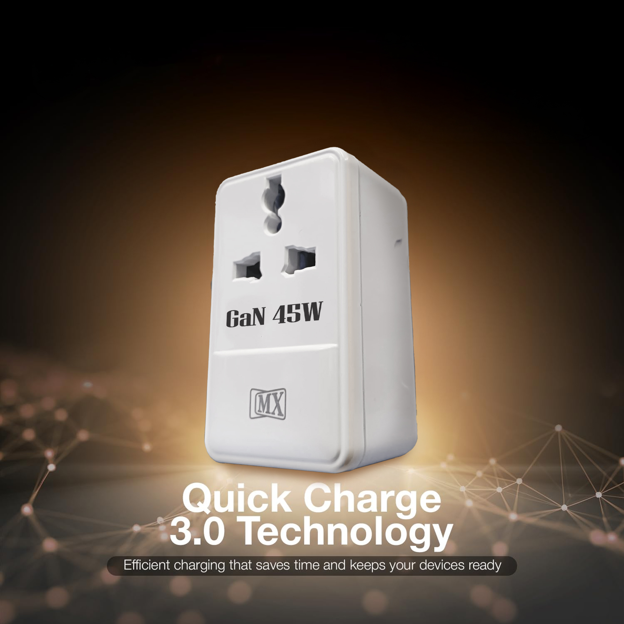 MX 45W GaN Multi Plug Indian Pin Adapter with Universal Socket & Dual USB-C PD Fast Charging - White