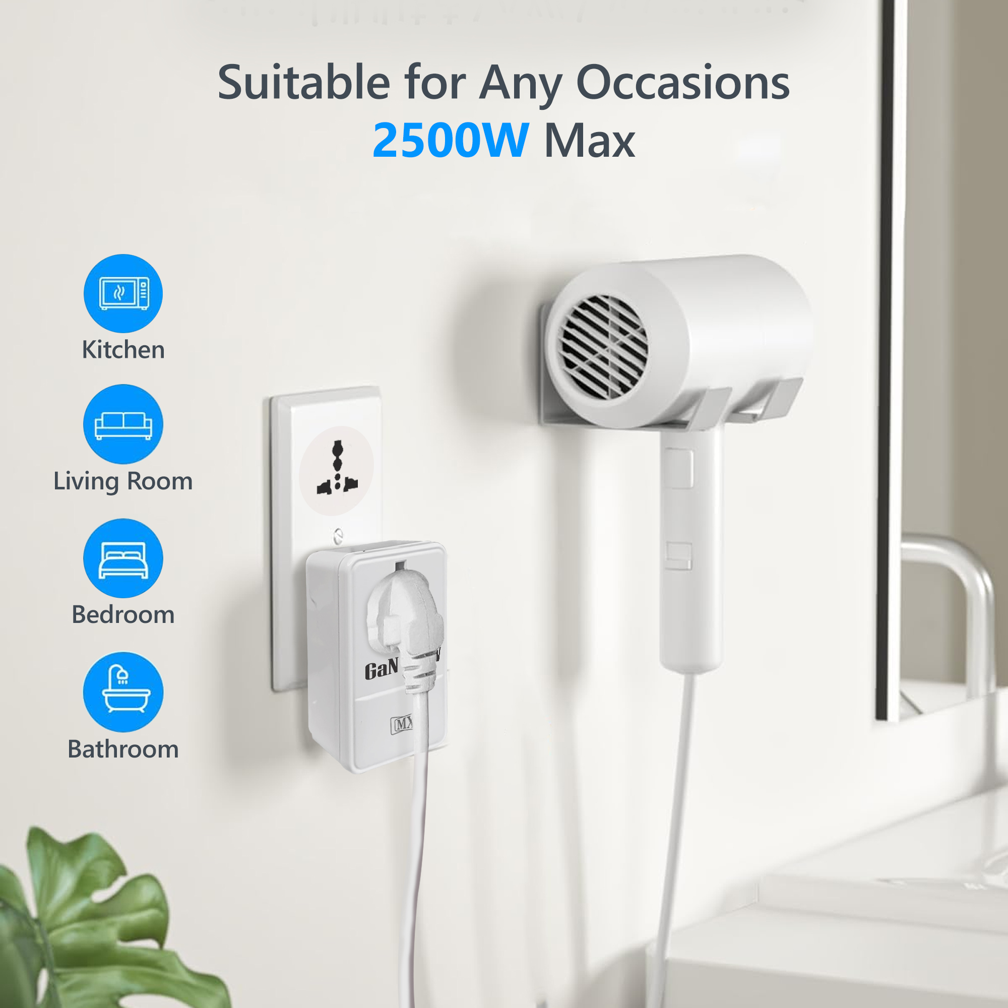 MX 140W GaN Multi Plug Indian Pin Adapter with Universal Socket & Dual USB-C PD Fast Charging - White