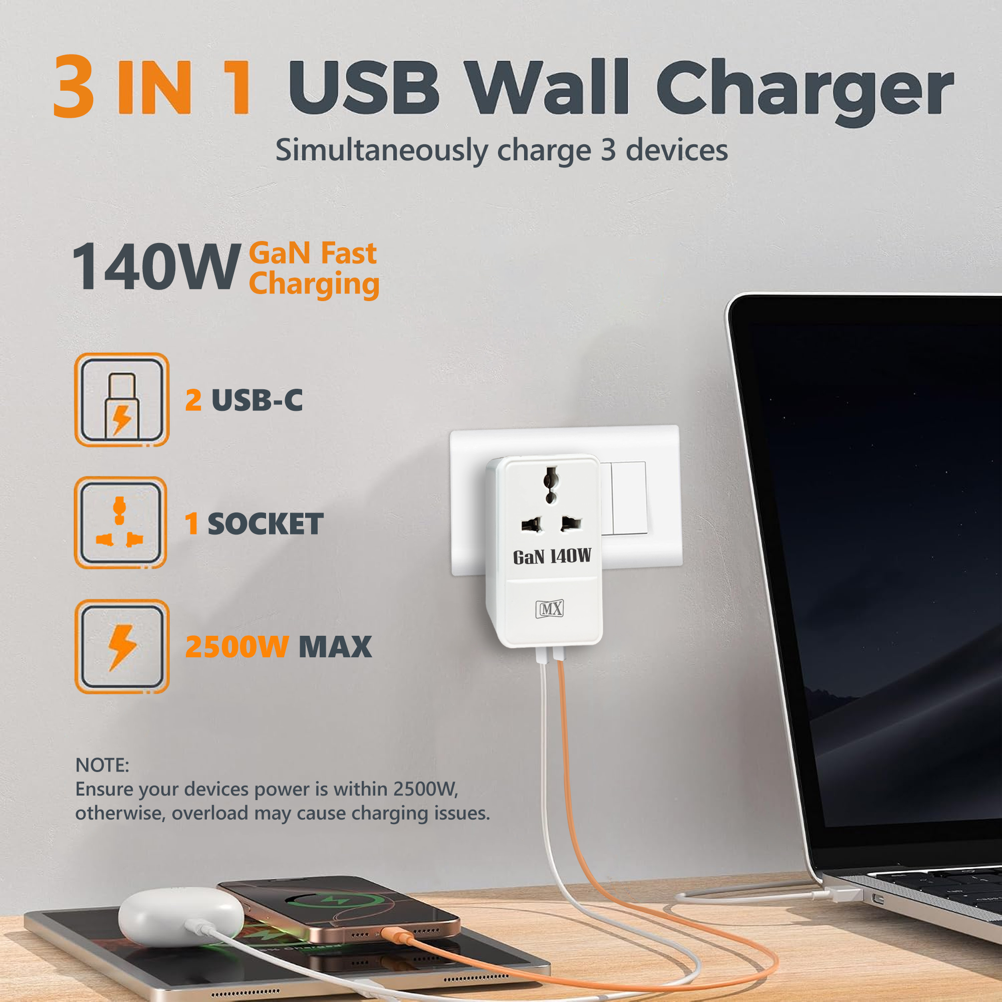 MX 140W GaN Multi Plug Indian Pin Adapter with Universal Socket & Dual USB-C PD Fast Charging - White