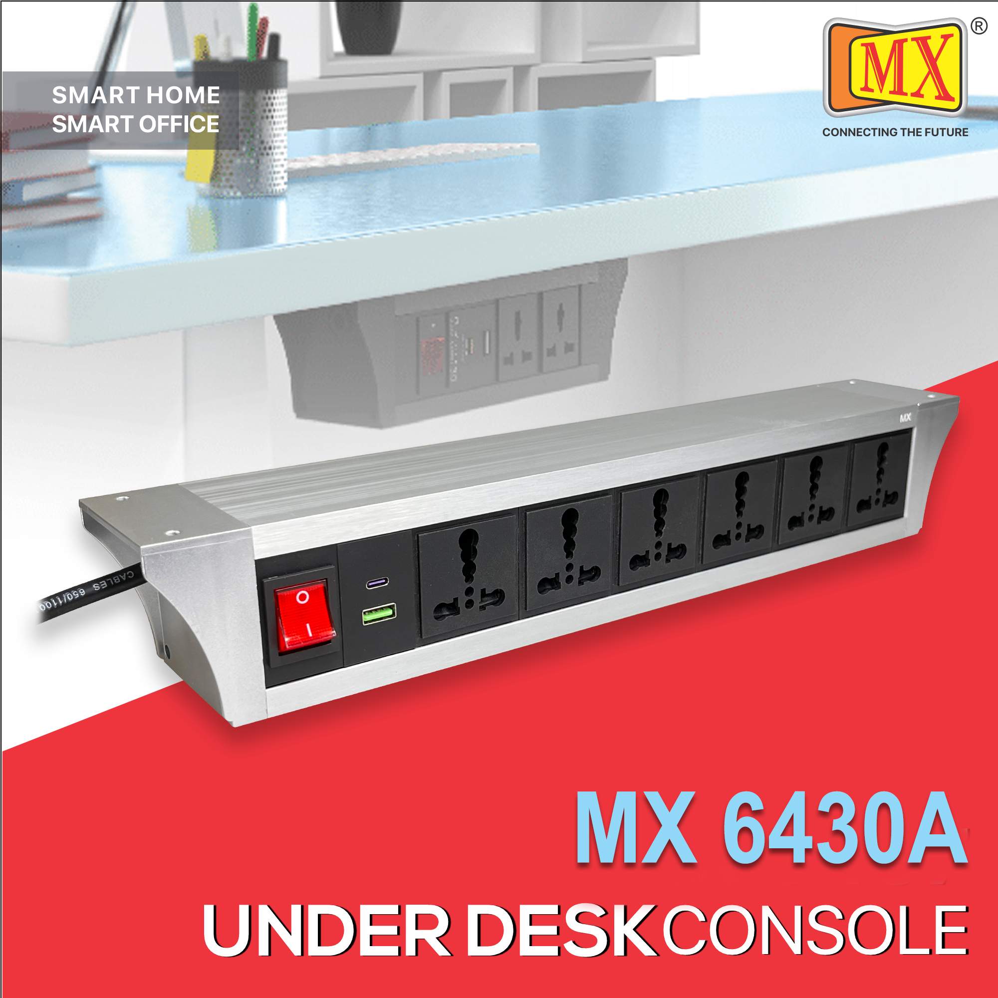 MX PDU Under table 6/16 Amps 6 Universal Socket | 2 USB (2.4 Amp) with 30W PD Charger | Dual Pole LED Indicator Switch | 16 Amps Heavy Duty Cord 3 Meter with ISI Marked, Aluminium Body Material(MX 6430A-3M Silver)