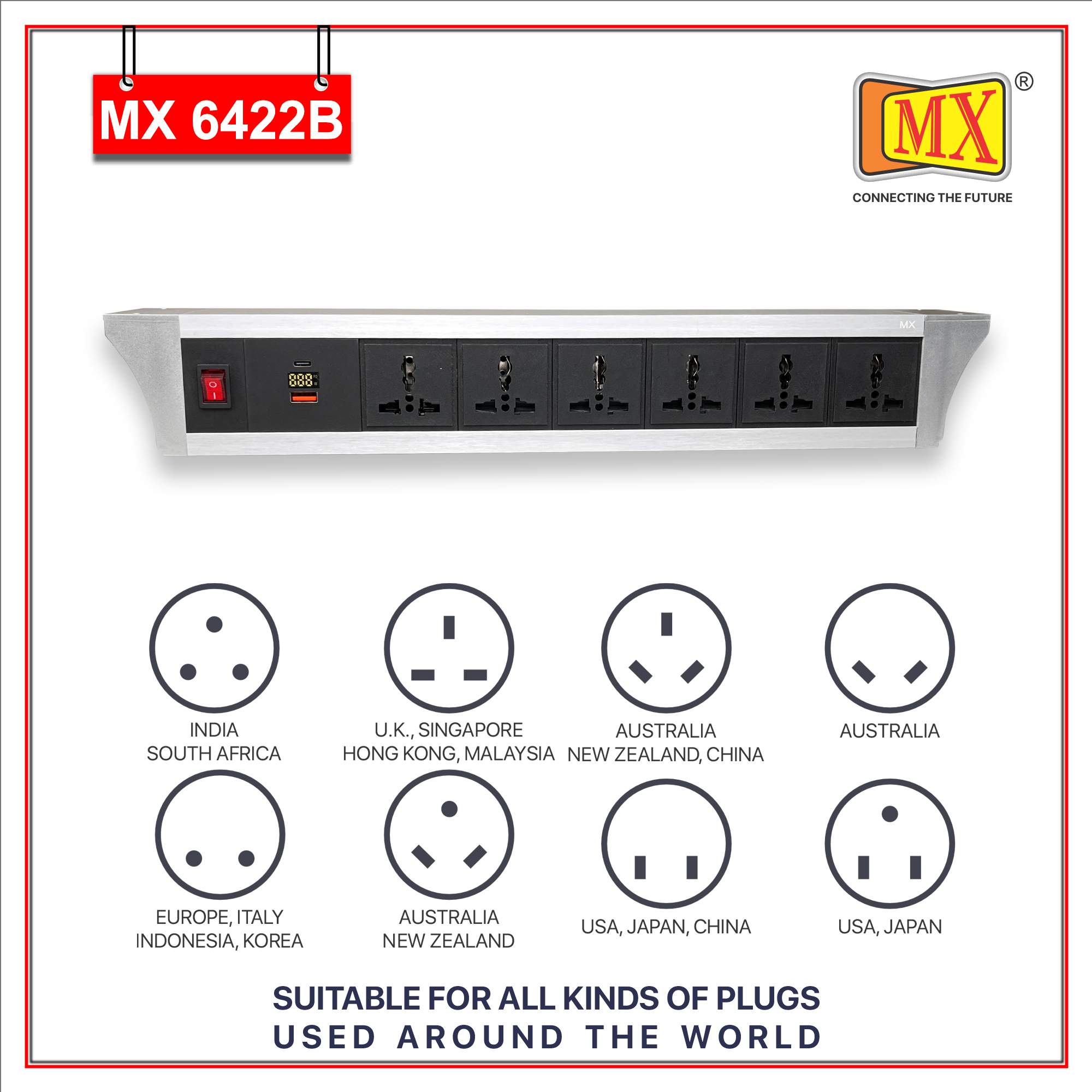 MX PDU Under table 6/13 Amps 6 Universal Socket | 2 USB (2.4 Amp) with 30W PD Charger With Display | Dual Pole LED Indicator Switch | 6 Amps Heavy Duty Cord 10 Meter with ISI Marked, Aluminium Body Material(MX 6422B-10M Silver)