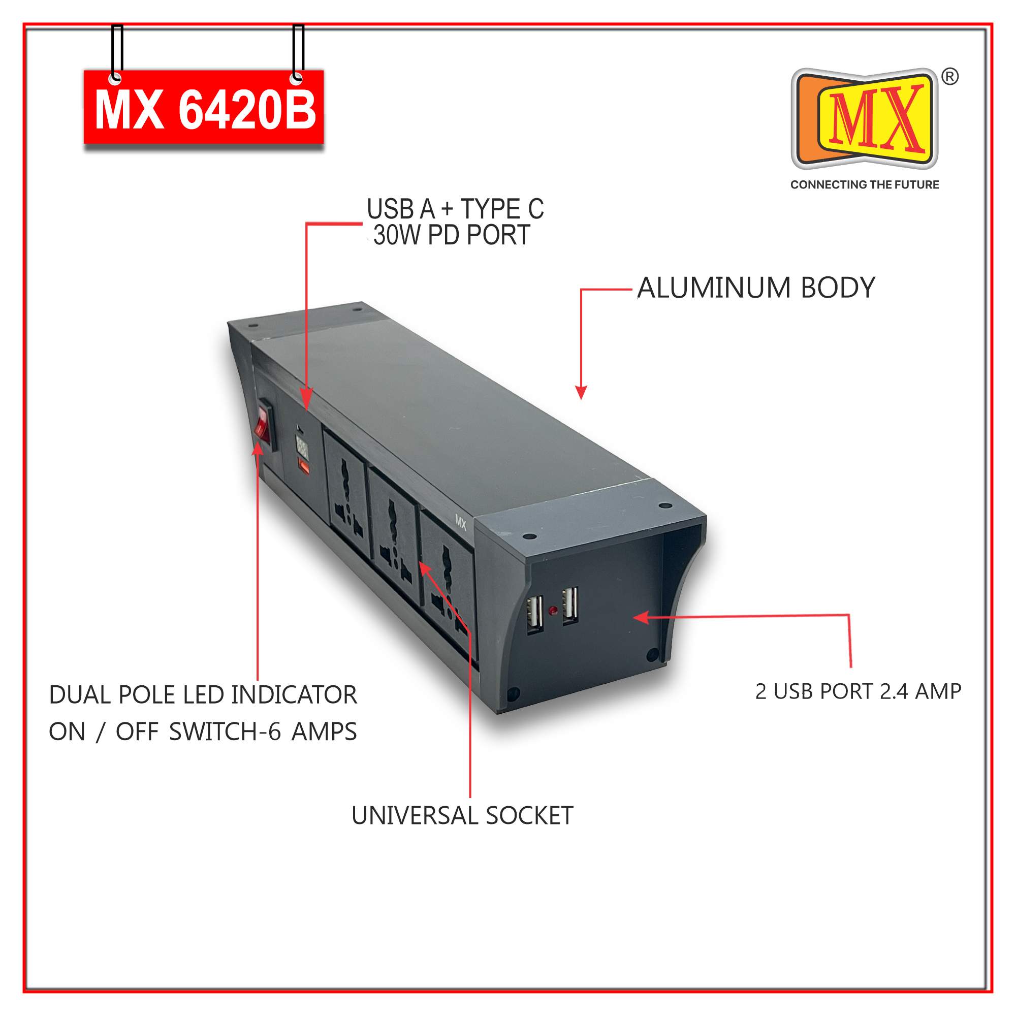 MX PDU Under table 6/13 Amps 3 Universal Socket | 2 USB (2.4 Amp) with 30W PD Charger With Display | Dual Pole LED Indicator Switch | 6 Amps Heavy Duty Cord 3 Meter with ISI Marked, Aluminium Body Material(MX 6420B-3M Black)