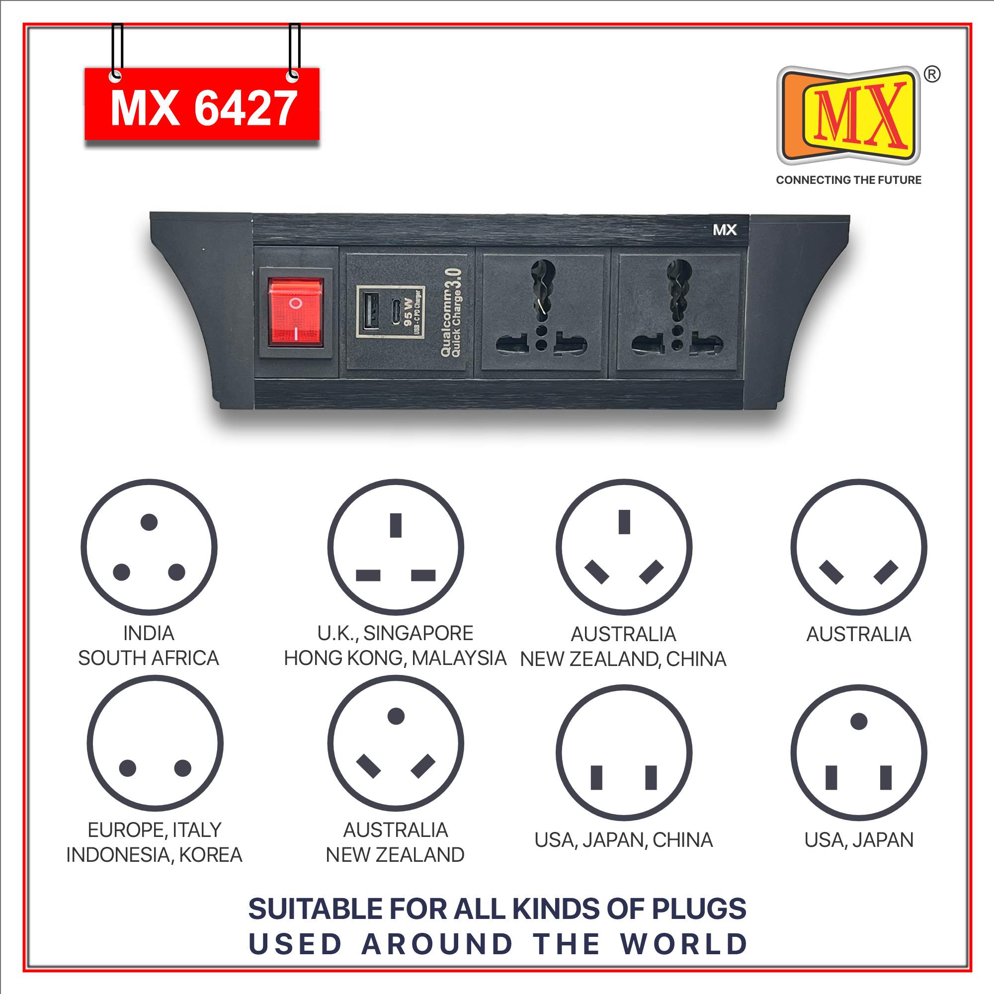 MX PDU Under table 6/16 Amps 2 Universal Socket | 2 USB (2.4 Amp) with 95W PD Charger | Dual Pole LED Indicator Switch | 16 Amps Heavy Duty Cord 10 Meter with ISI Marked, Aluminium Body Material(MX 6427-10M Black)