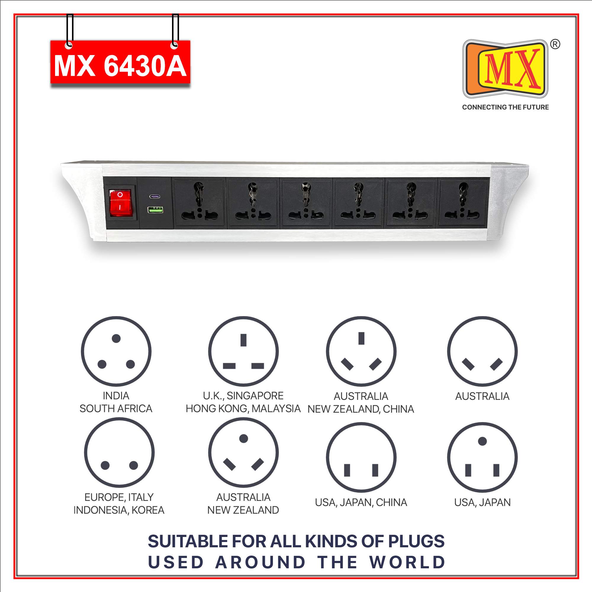 MX PDU Under table 6/16 Amps 6 Universal Socket | 2 USB (2.4 Amp) with 30W PD Charger | Dual Pole LED Indicator Switch | 16 Amps Heavy Duty Cord 5 Meter with ISI Marked, Aluminium Body Material(MX 6430A-5M Silver)