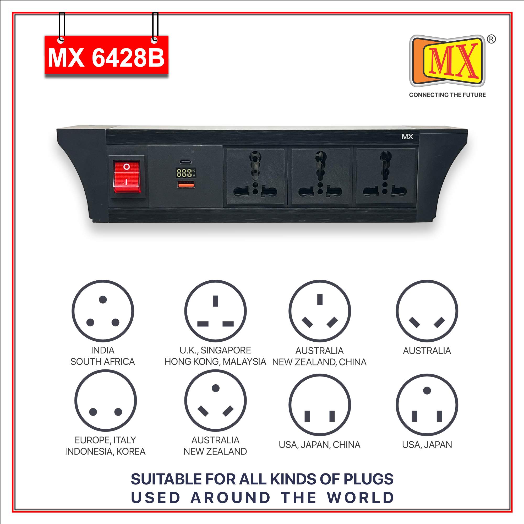 MX PDU Under table 6/16 Amps 3 Universal Socket | 2 USB (2.4 Amp) with 30W PD Charger With Display | Dual Pole LED Indicator Switch | 16 Amps Heavy Duty Cord 3 Meter with ISI Marked, Aluminium Body Material(MX 6428B-3M Black)