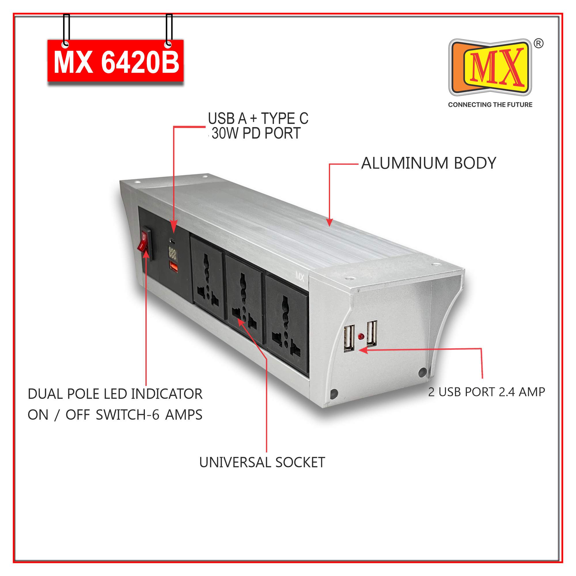 MX PDU Under table 6/13 Amps 3 Universal Socket | 2 USB (2.4 Amp) with 30W PD Charger With Display | Dual Pole LED Indicator Switch | 6 Amps Heavy Duty Cord 5 Meter with ISI Marked, Aluminium Body Material(MX 6420B-5M Silver)