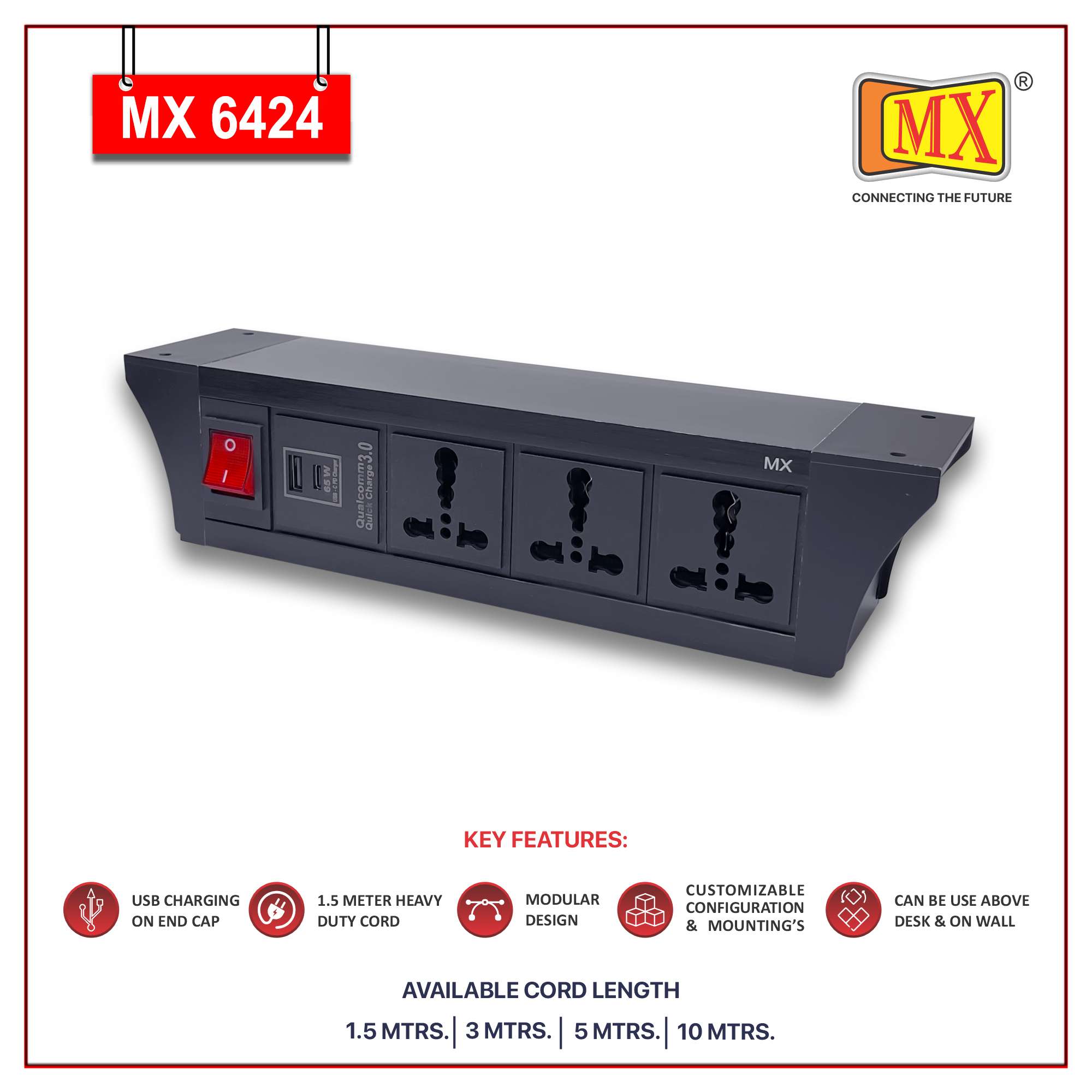 MX PDU Under table 6/16 Amps 3 Universal Socket | 2 USB (2.4 Amp) with 65W PD Charger | Dual Pole LED Indicator Switch | 16 Amps Heavy Duty Cord 3 Meter with ISI Marked, Aluminium Body Material(MX 6424-3M Black)
