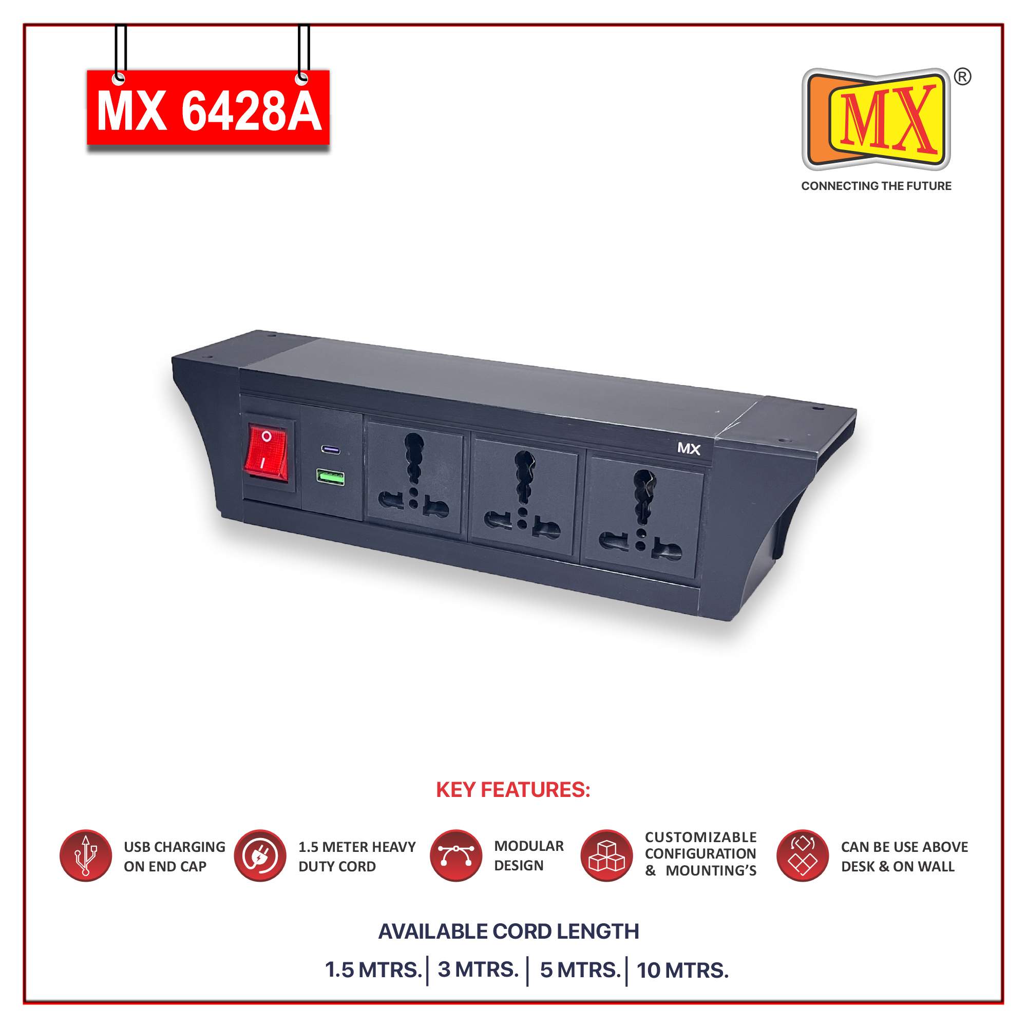 MX PDU Under table 6/16 Amps 3 Universal Socket | 2 USB (2.4 Amp) with 30W PD Charger | Dual Pole LED Indicator Switch | 16 Amps Heavy Duty Cord 3 Meter with ISI Marked, Aluminium Body Material(MX 6428A-3M Black)