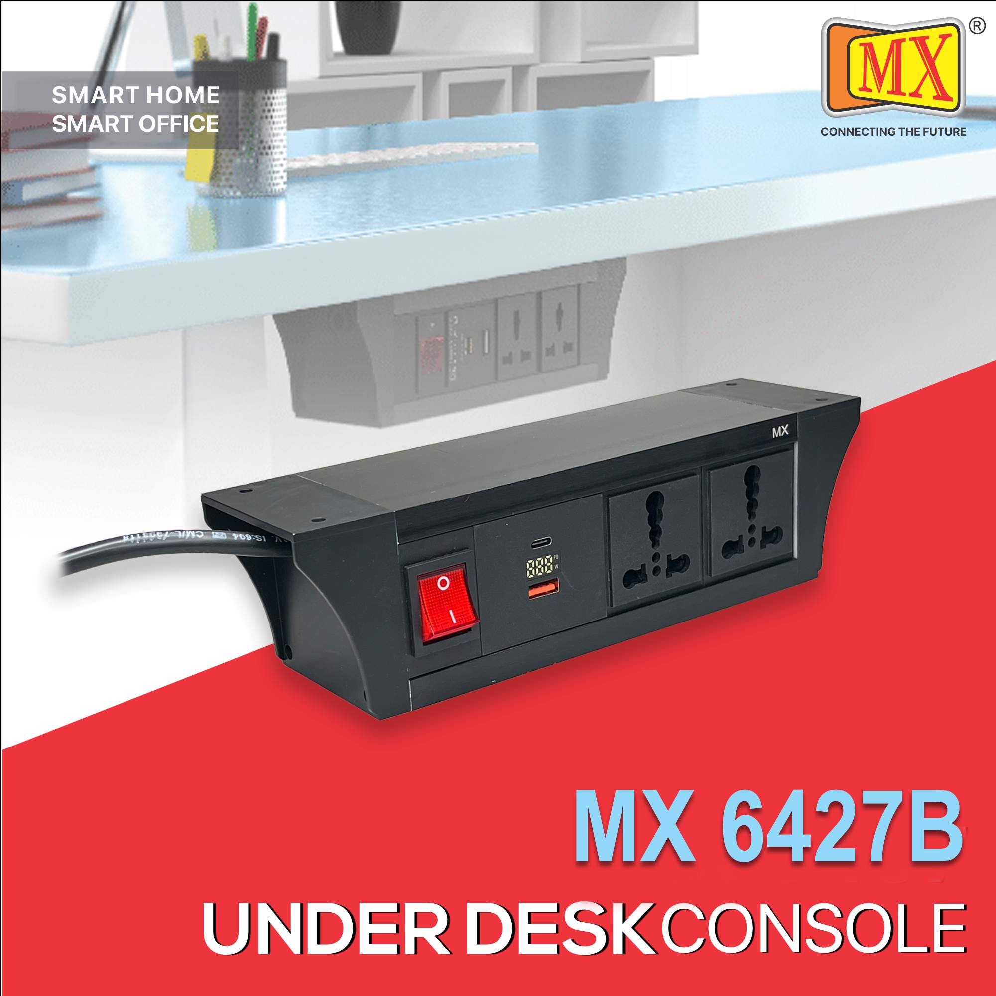 MX PDU Under table 6/16 Amps 2 Universal Socket | 2 USB (2.4 Amp) with 30W PD Charger With Display | Dual Pole LED Indicator Switch | 16 Amps Heavy Duty Cord 3 Meter with ISI Marked, Aluminium Body Material(MX 6427B-3M Black)