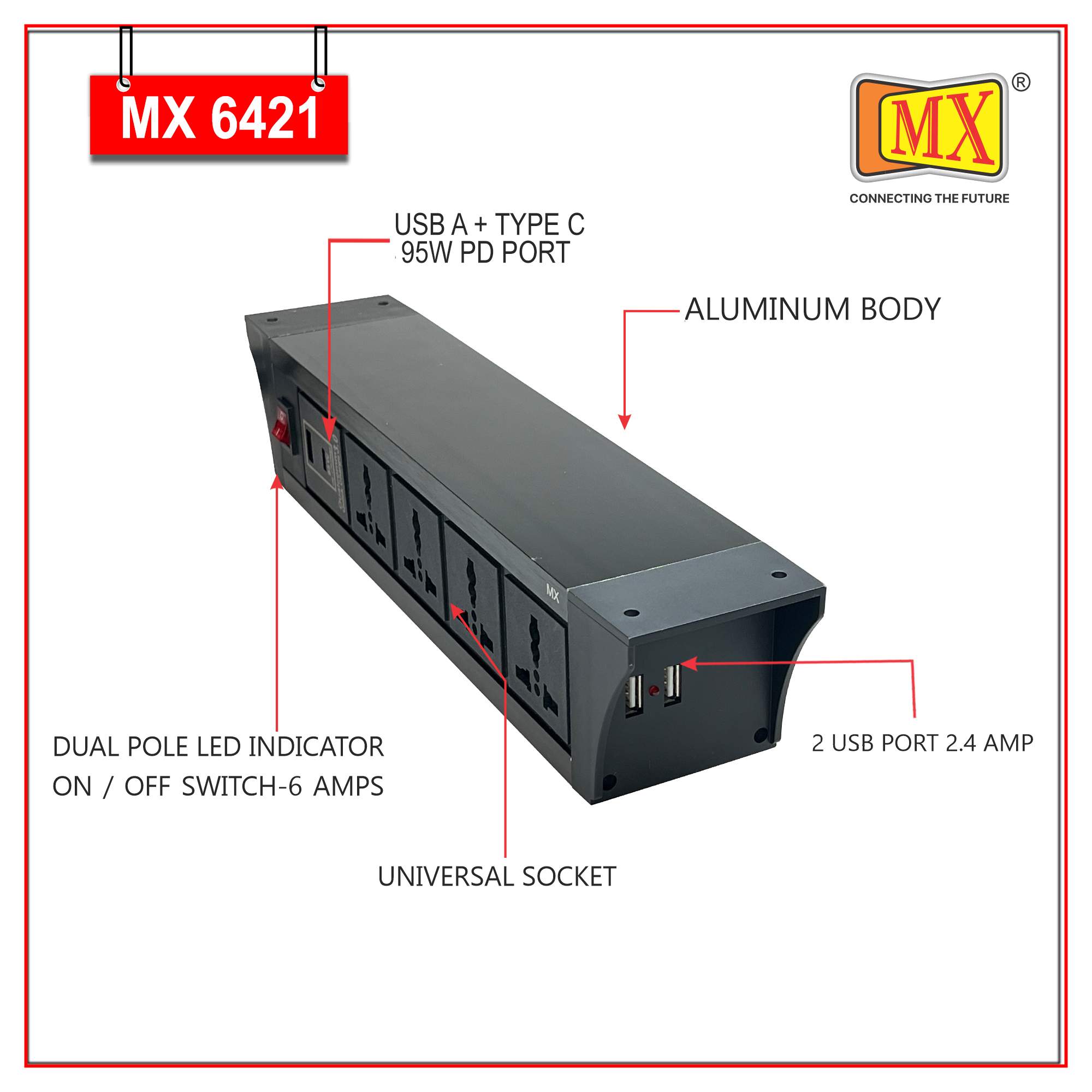 MX PDU Under table 6/13 Amps 4 Universal Socket | 2 USB (2.4 Amp) with 95W PD Charger | Dual Pole LED Indicator Switch | 6 Amps Heavy Duty Cord 3 Meter with ISI Marked, Aluminium Body Material(MX 6421-3M Black)