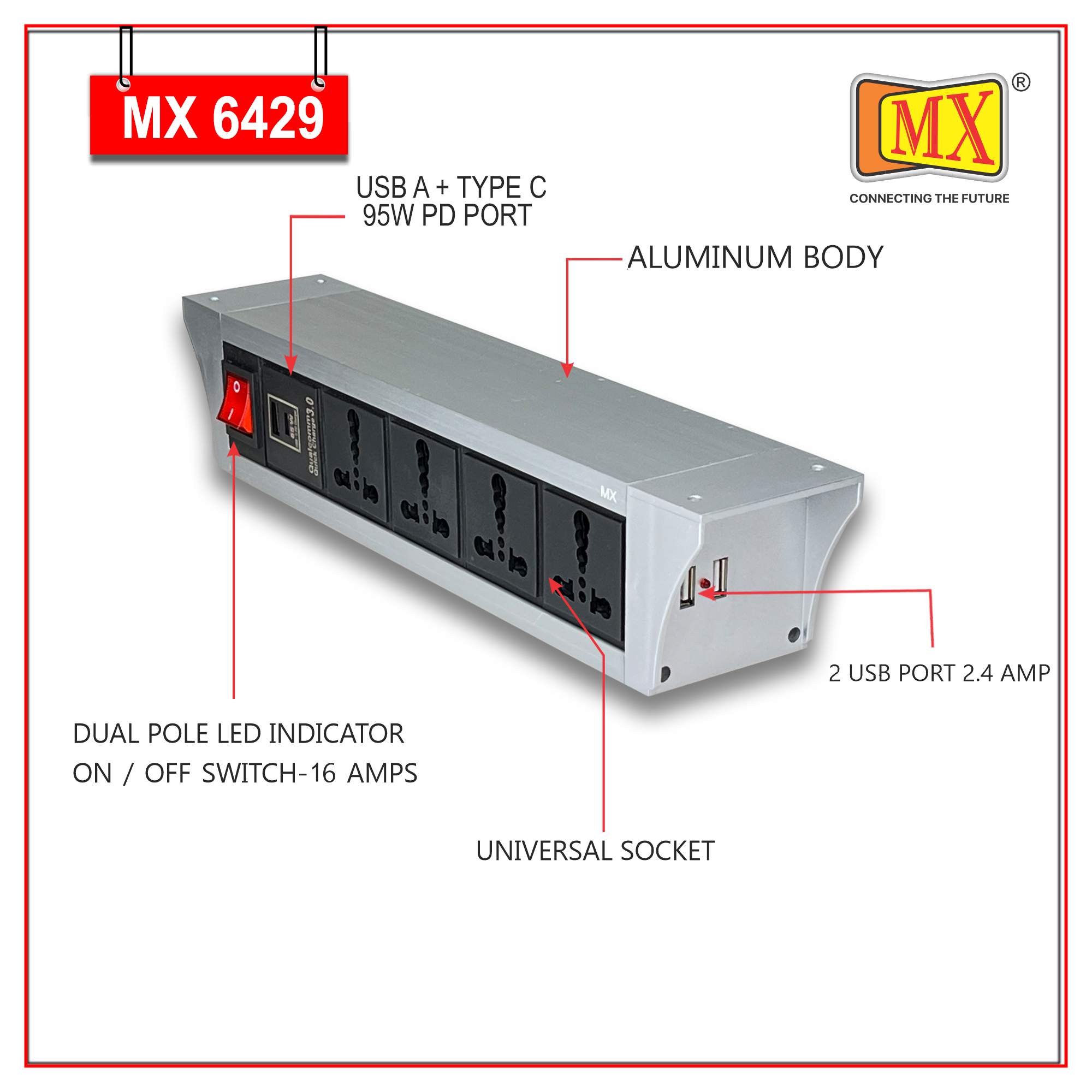 MX PDU Under table 6/16 Amps 4 Universal Socket | 2 USB (2.4 Amp) with 95W PD Charger | Dual Pole LED Indicator Switch | 16 Amps Heavy Duty Cord 10 Meter with ISI Marked, Aluminium Body Material(MX 6429-10M Silver)