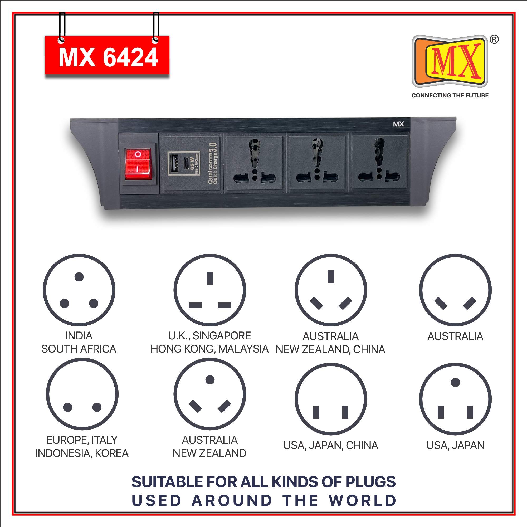 MX PDU Under table 6/16 Amps 3 Universal Socket | 2 USB (2.4 Amp) with 65W PD Charger | Dual Pole LED Indicator Switch | 16 Amps Heavy Duty Cord 5 Meter with ISI Marked, Aluminium Body Material(MX 6424-5M Black)