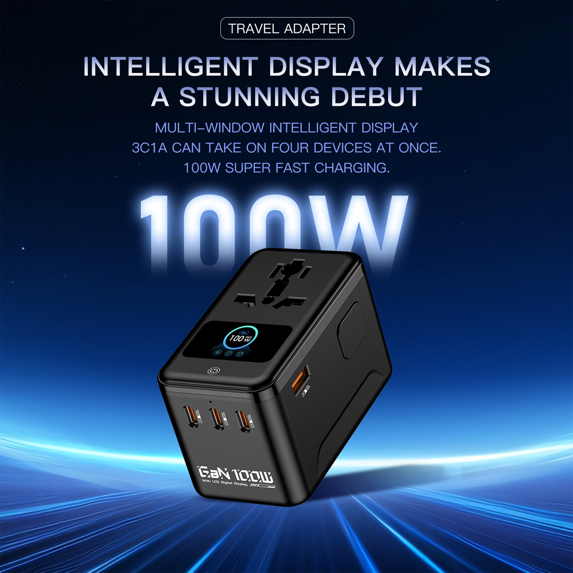 MX 100W GaN Universal Travel Adapter Smart LCD Display Fast Charging Station, Multi Device Charger, USB-C PD 100W International Plug Adapter for 200+ Countries | MacBook, iPhone, Samsung & Laptop