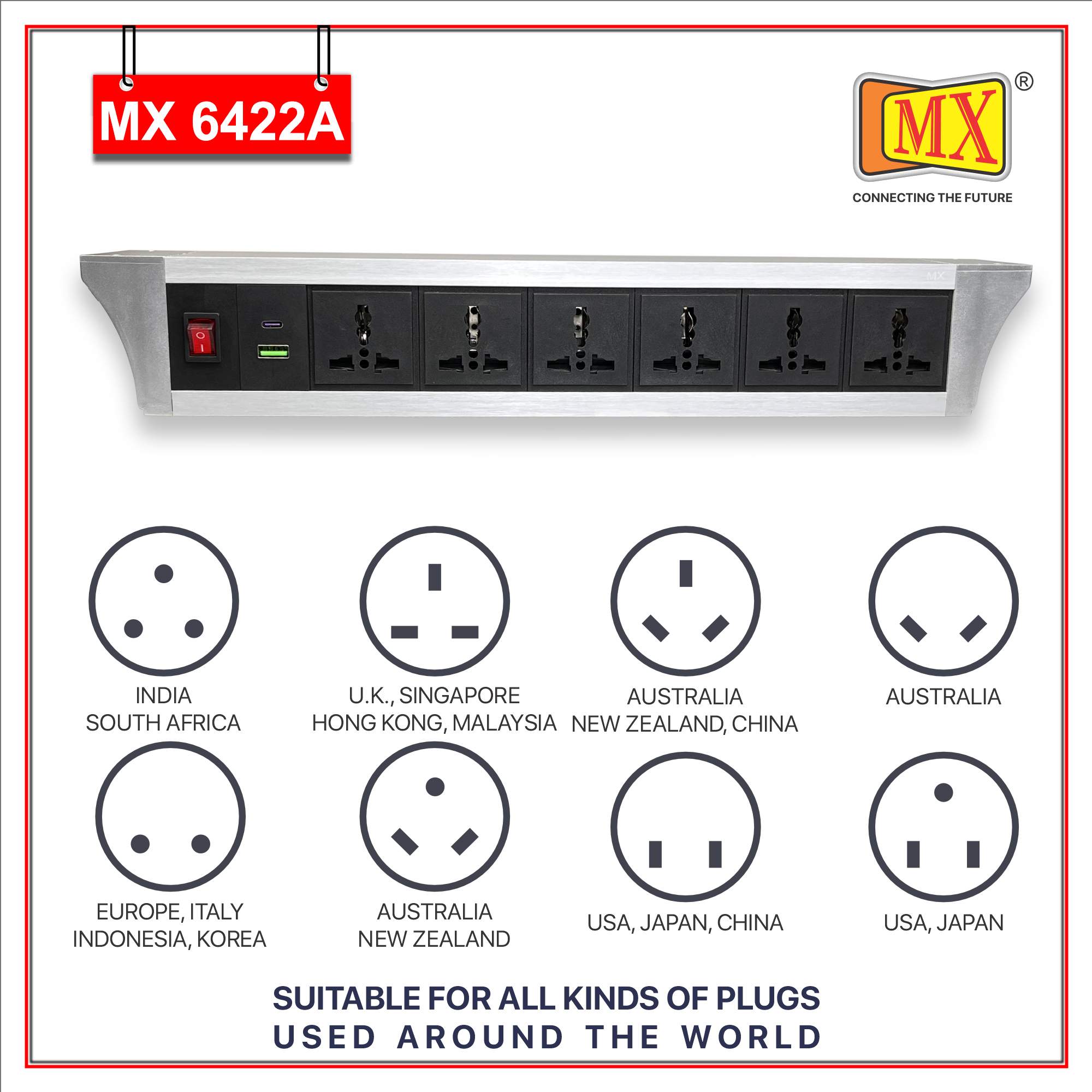 MX PDU Under table 6/13 Amps 6 Universal Socket | 2 USB (2.4 Amp) with 30W PD Charger | Dual Pole LED Indicator Switch | 6 Amps Heavy Duty Cord 3 Meter with ISI Marked, Aluminium Body Material(MX 6422A-3M Silver)