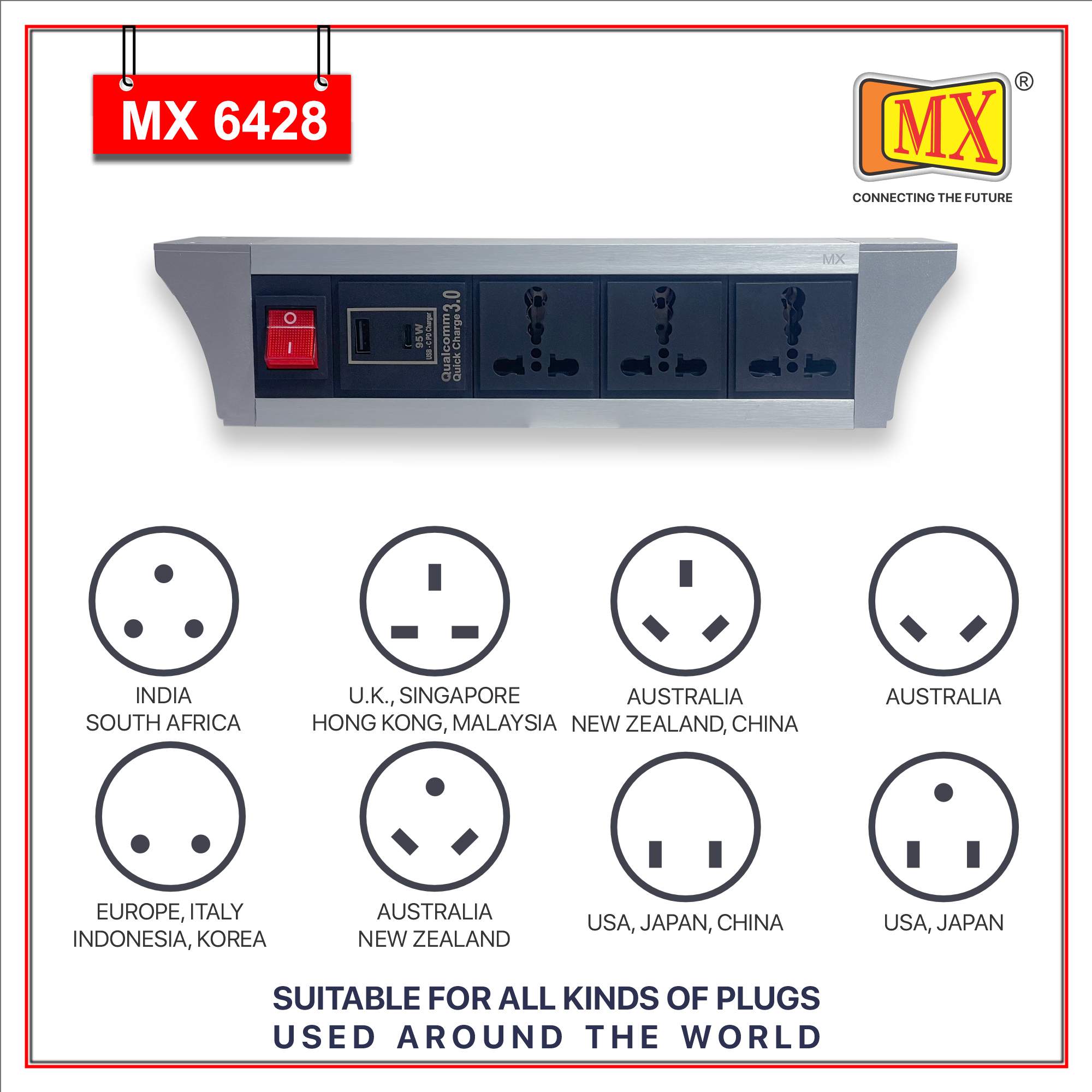 MX PDU Under table 6/16 Amps 3 Universal Socket | 2 USB (2.4 Amp) with 95W PD Charger | Dual Pole LED Indicator Switch | 16 Amps Heavy Duty Cord 5 Meter with ISI Marked, Aluminium Body Material(MX 6428-5M Silver)