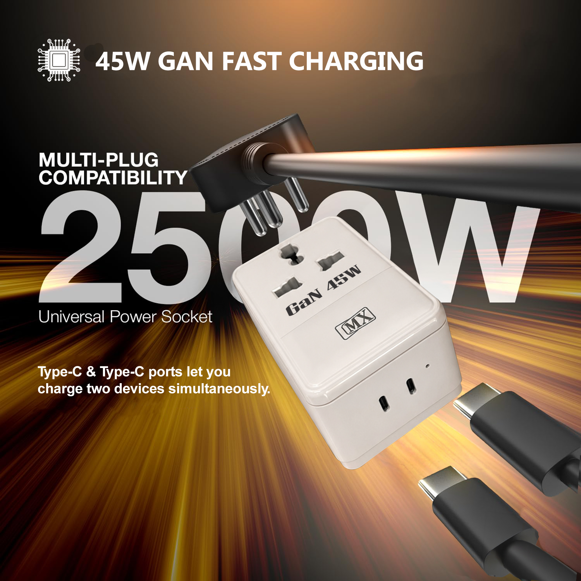 MX 45W GaN Multi Plug Indian Pin Adapter with Universal Socket & Dual USB-C PD Fast Charging - White