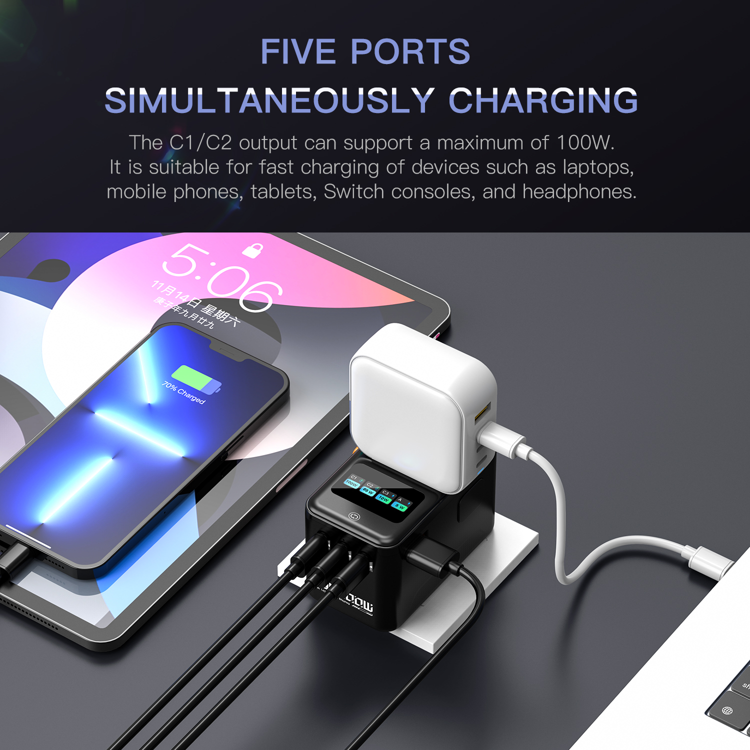 MX 200W GaN Universal Travel Adapter Smart LCD Display Fast Charging Station, Multi Device Charger, USB-C PD 100W International Plug Adapter for 200+ Countries | MacBook, iPhone, Samsung & Laptop