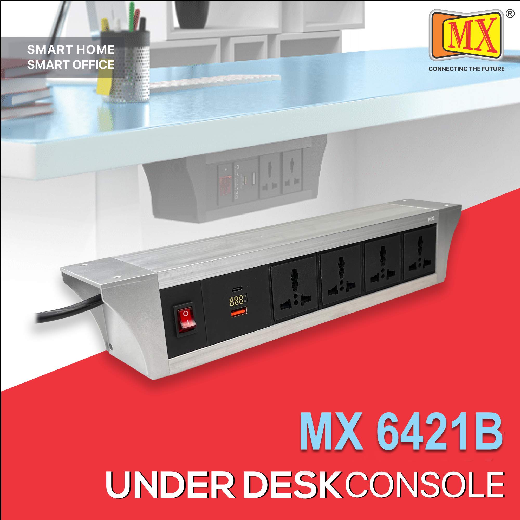 MX PDU Under table 6/13 Amps 4 Universal Socket | 2 USB (2.4 Amp) with 30W PD Charger With Display | Dual Pole LED Indicator Switch | 6 Amps Heavy Duty Cord 1.5 Meter with ISI Marked, Aluminium Body Material(MX 6421B-1.5M Silver)
