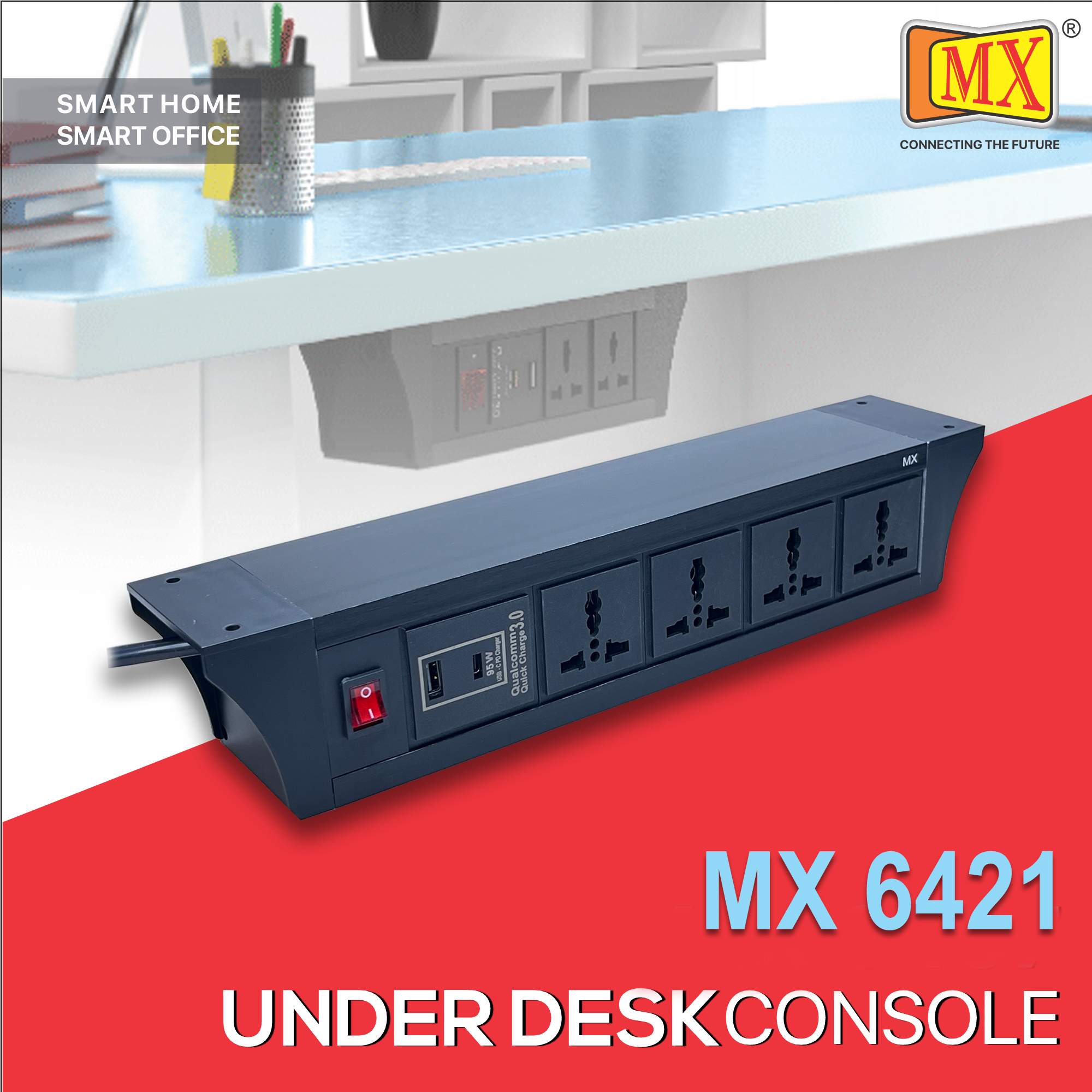 MX PDU Under table 6/13 Amps 4 Universal Socket | 2 USB (2.4 Amp) with 95W PD Charger | Dual Pole LED Indicator Switch | 6 Amps Heavy Duty Cord 3 Meter with ISI Marked, Aluminium Body Material(MX 6421-3M Black)